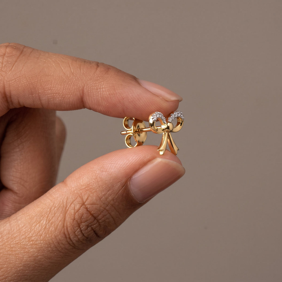 Yellow Gold Round Moissanite Bow Stud Earrings