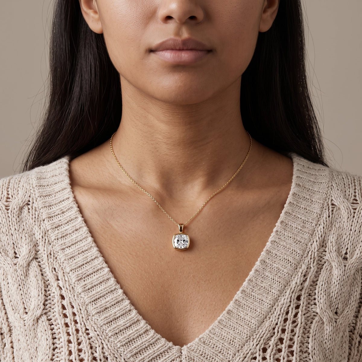 Yellow Gold Cushion Cut Moissanite Pendant Necklace