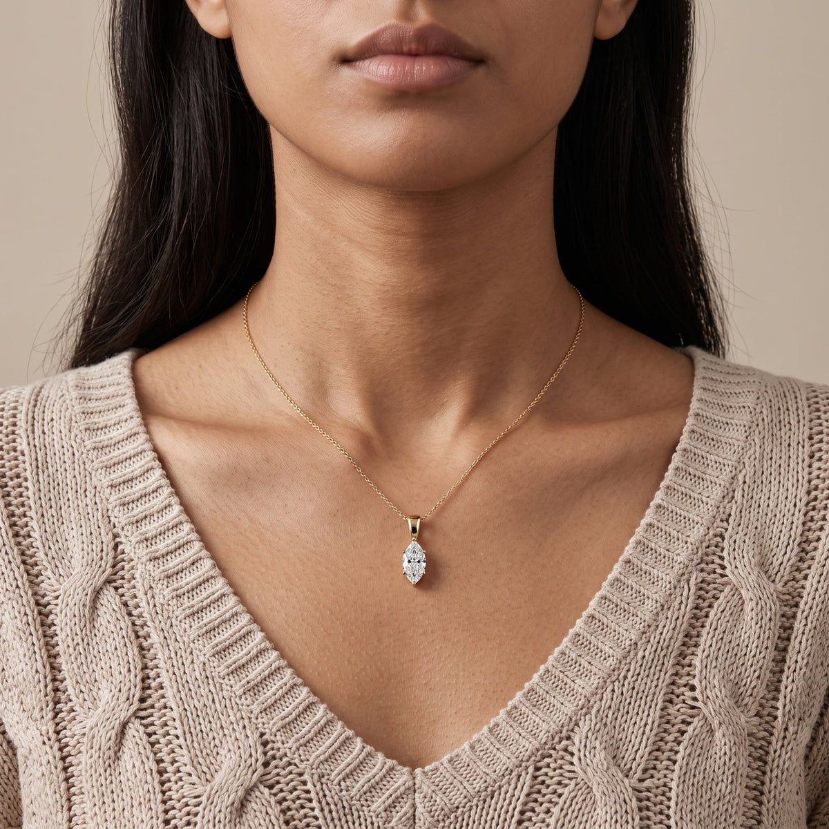 Yellow Gold Marquise Moissanite Solitaire Pendant Necklace