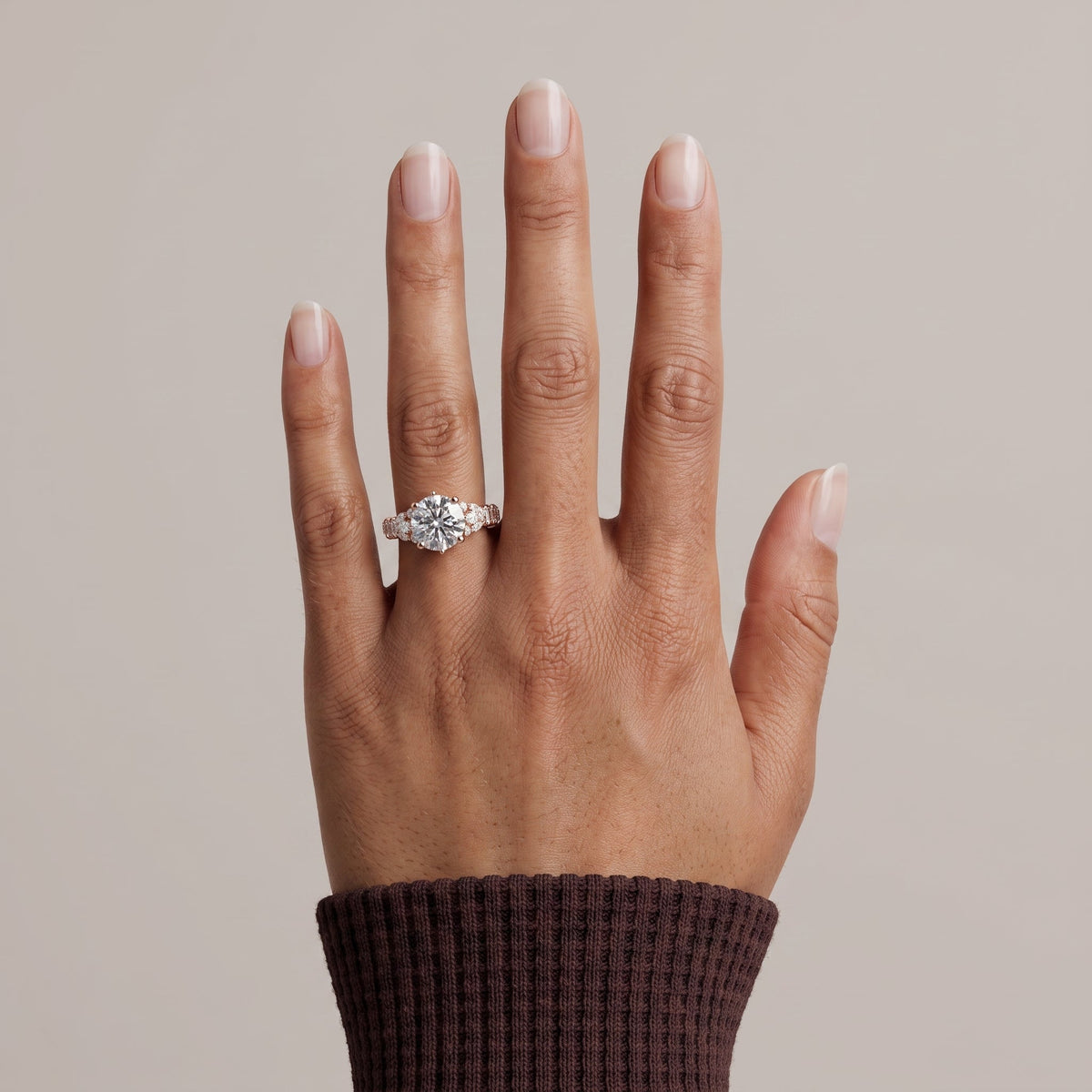 Rose Gold Round Moissanite Engagement Ring with Side Accent Stones