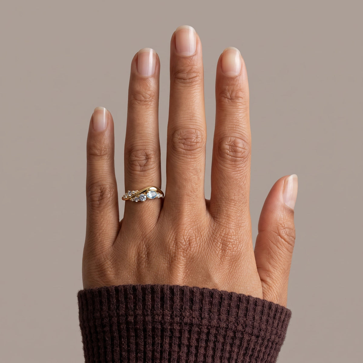 Yellow Gold Oval & Round Moissanite Curved Band Ring