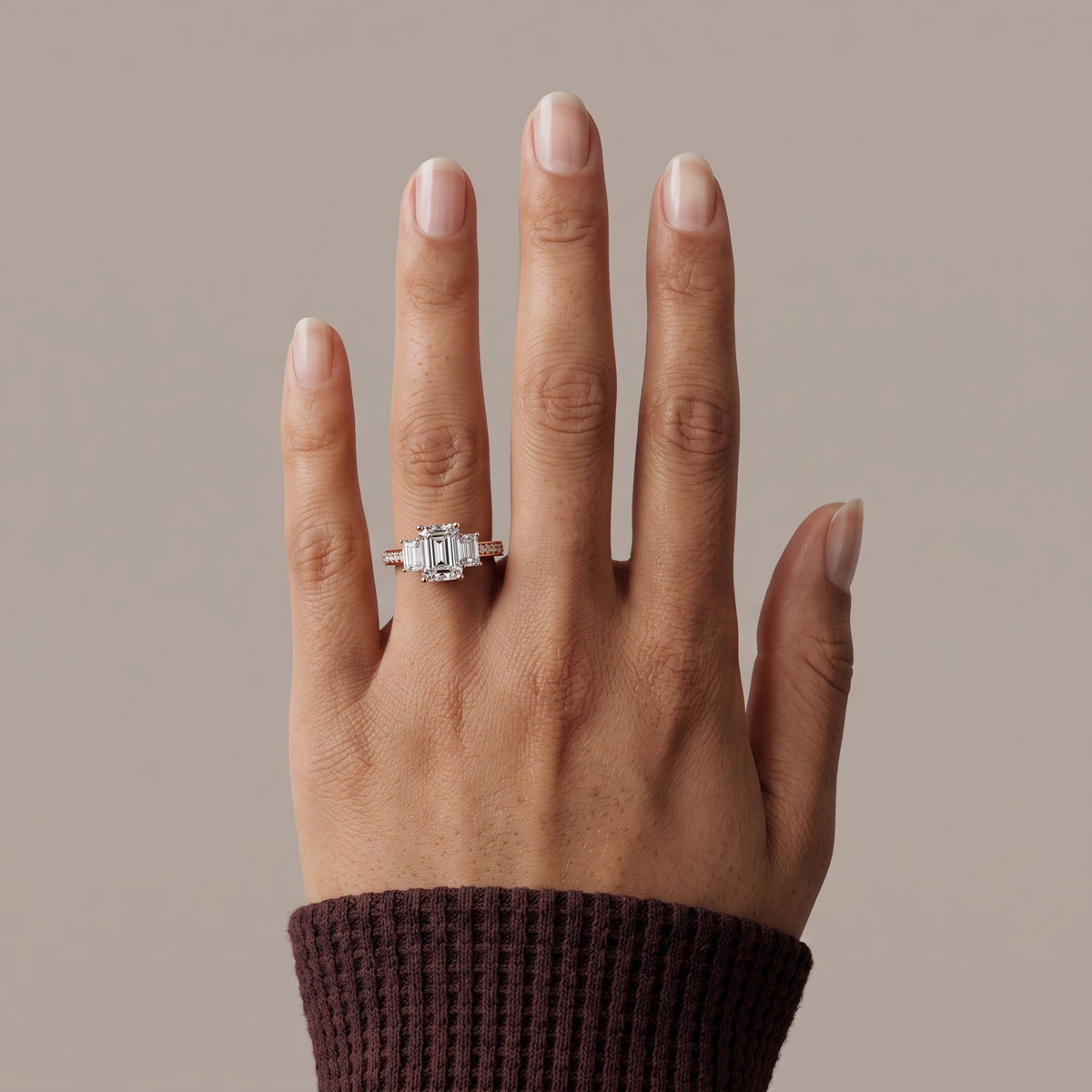 Rose Gold Emerald Cut Moissanite Three Stone Engagement Ring