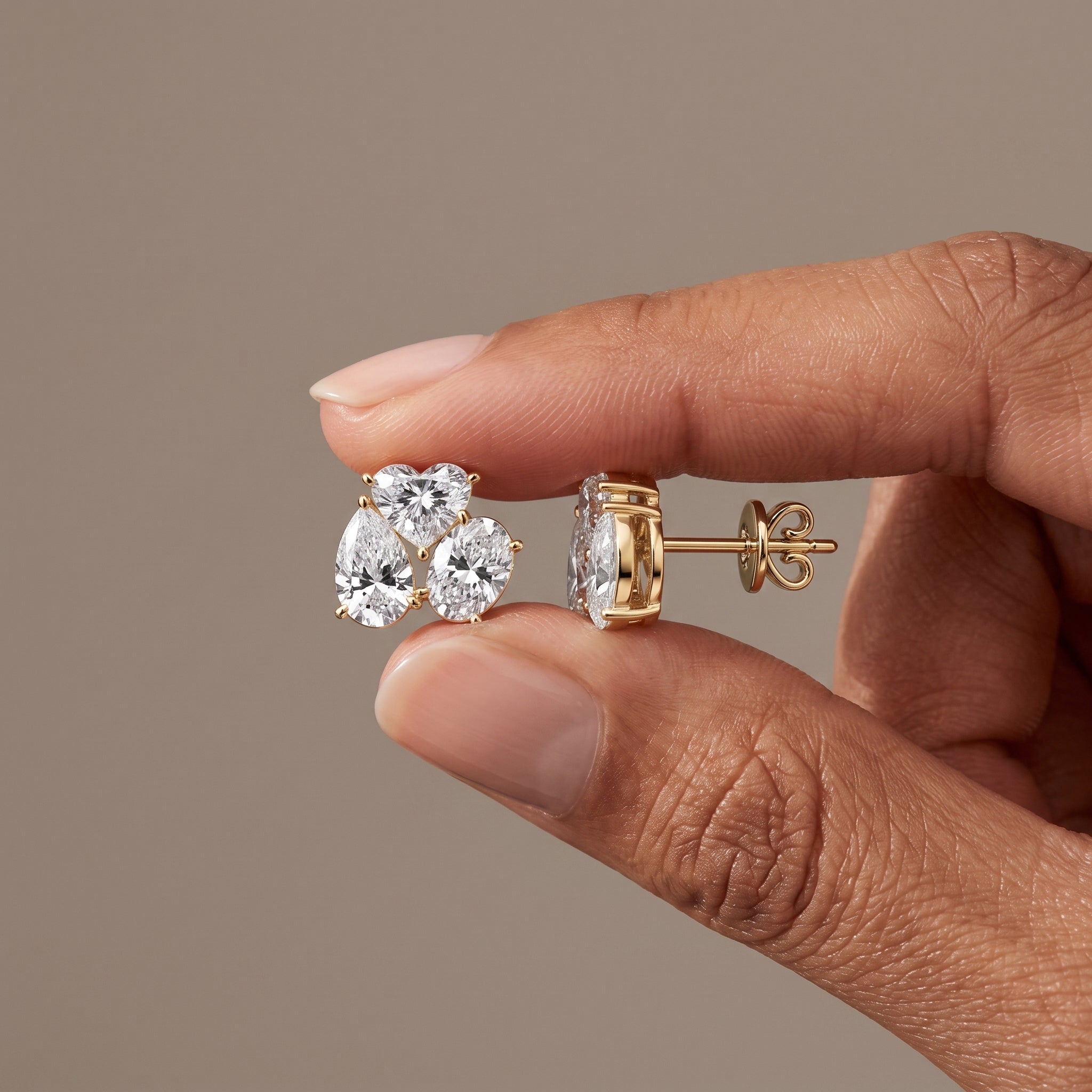 Yellow Gold Heart, Pear & Oval Moissanite Stud Earrings