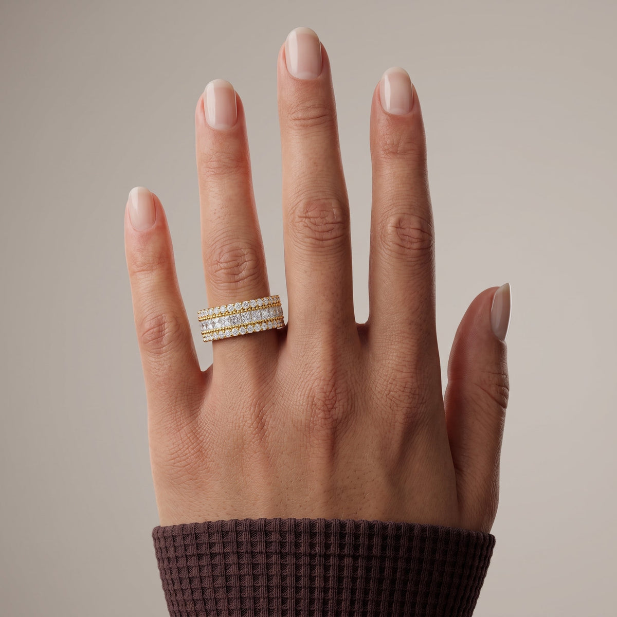 Yellow Gold Princess & Round Cut Moissanite Eternity Band