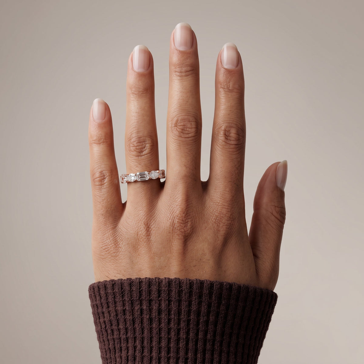Rose Gold Alternating Oval & Emerald Cut Moissanite Eternity Band
