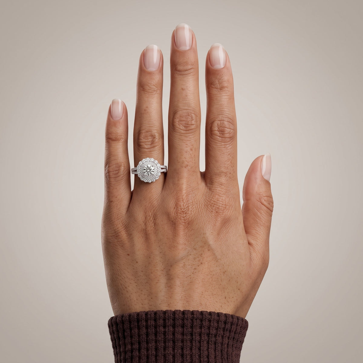 White Round Moissanite Double Halo Engagement Ring