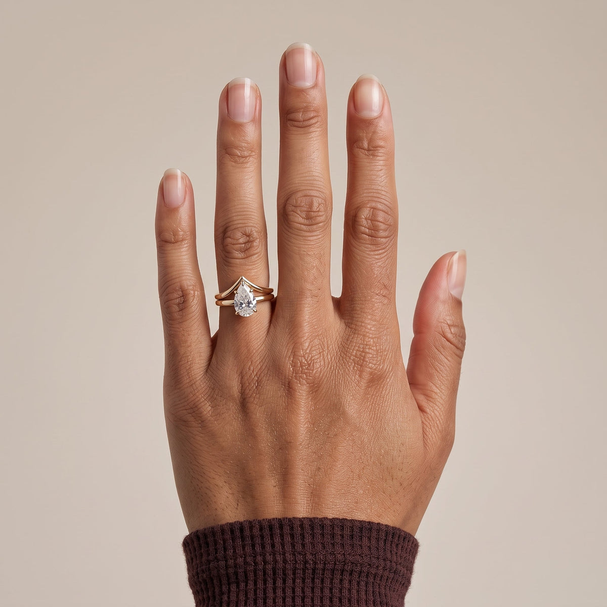 Yellow Gold Pear Cut Moissanite Engagement Ring with Chevron Band