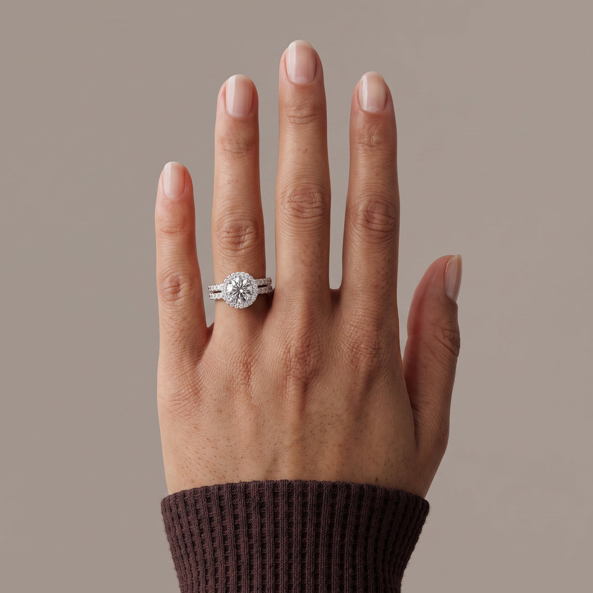 White Gold Round Moissanite Engagement Ring with Halo Bridal Set