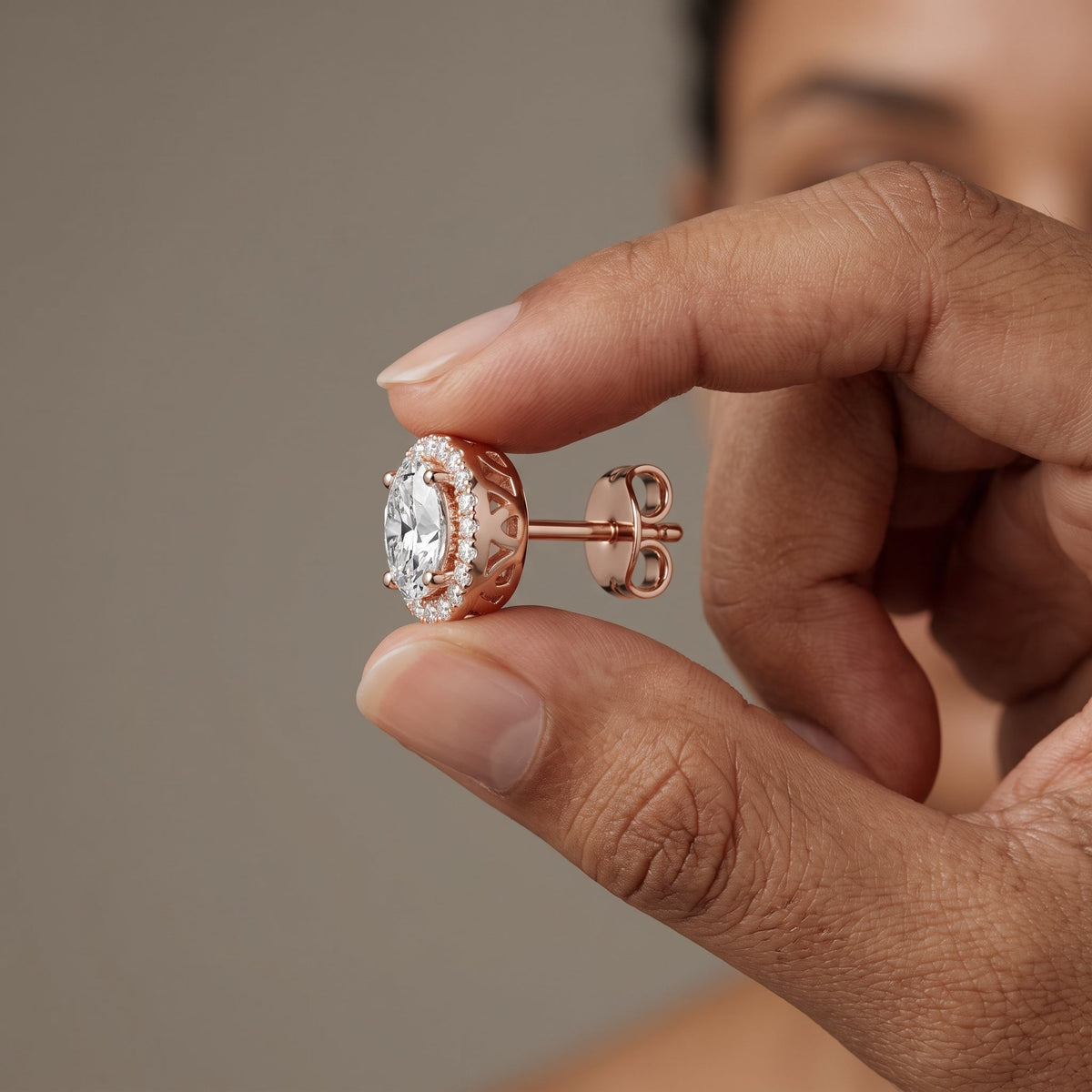 Rose Gold Oval Moissanite Halo Stud Earrings