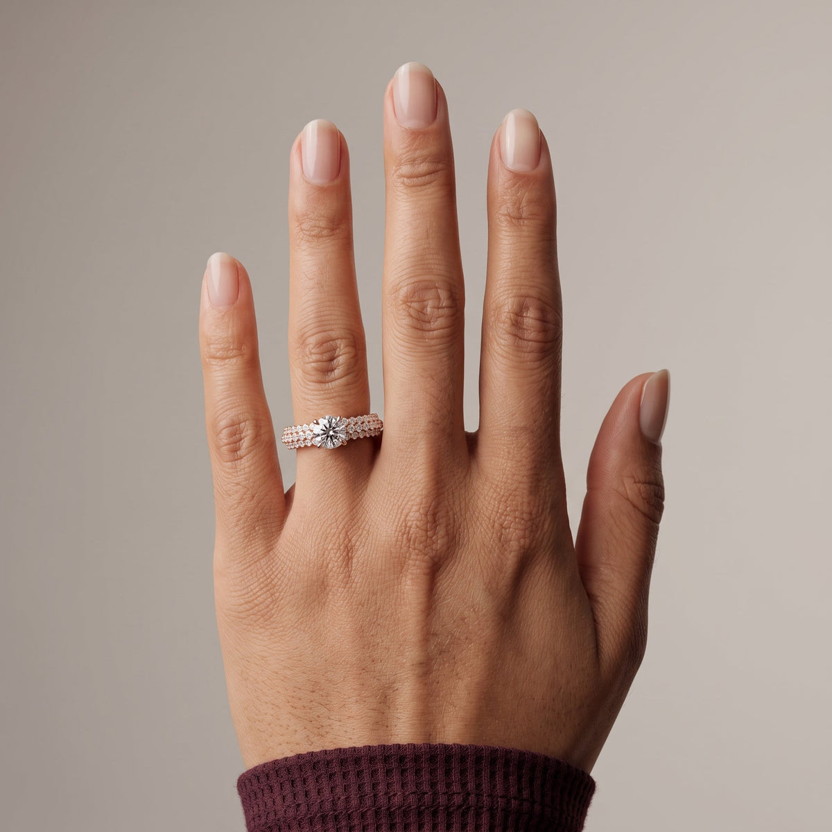 Rose Gold Round Moissanite Engagement Ring with Pavé Band
