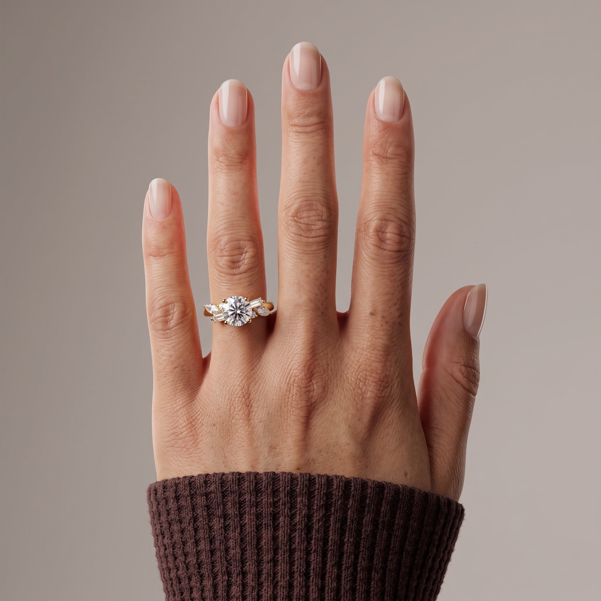 Yellow Gold Round Moissanite Engagement Ring with Mixed Side Stones