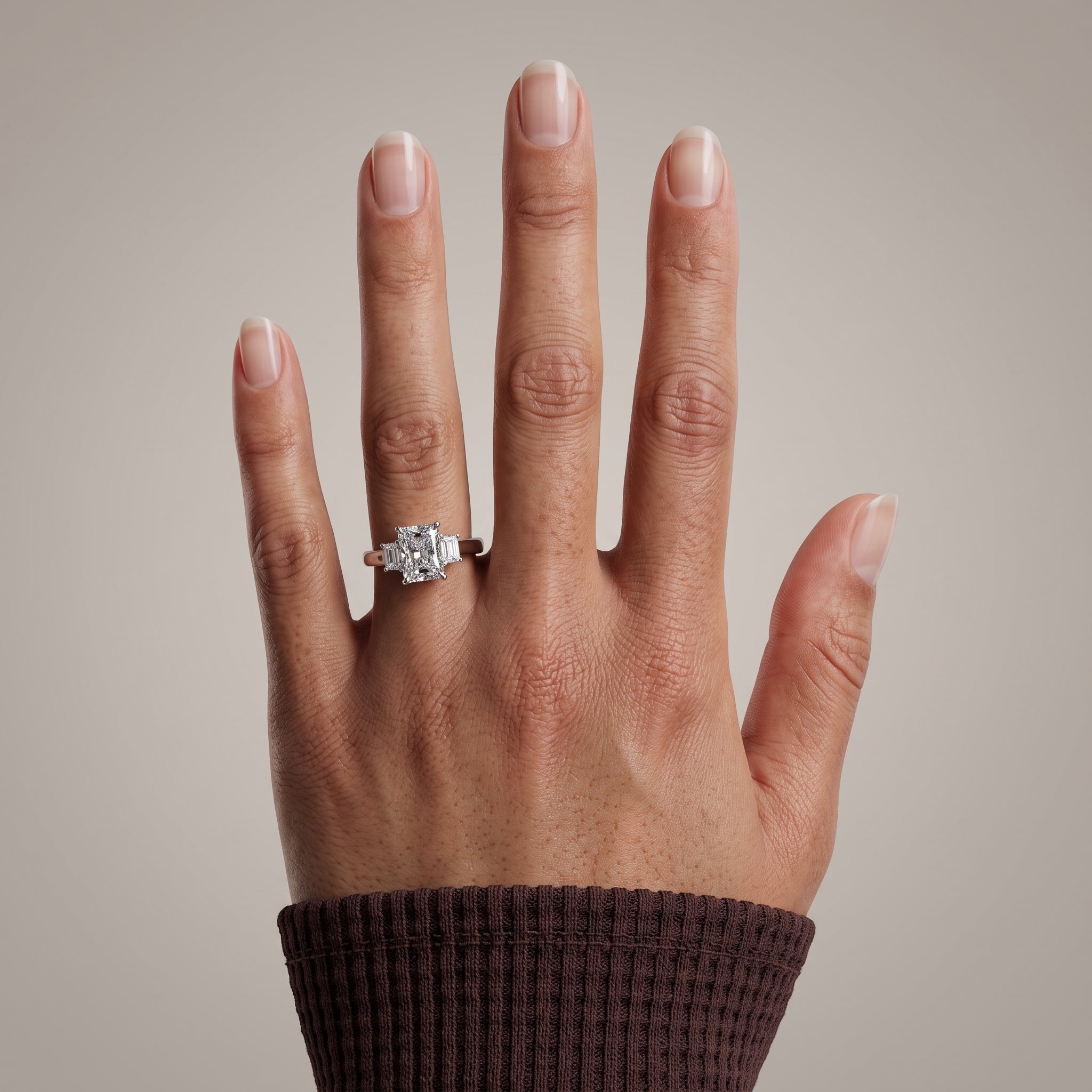 White Metal Radiant Cut Moissanite Three Stone Engagement Ring