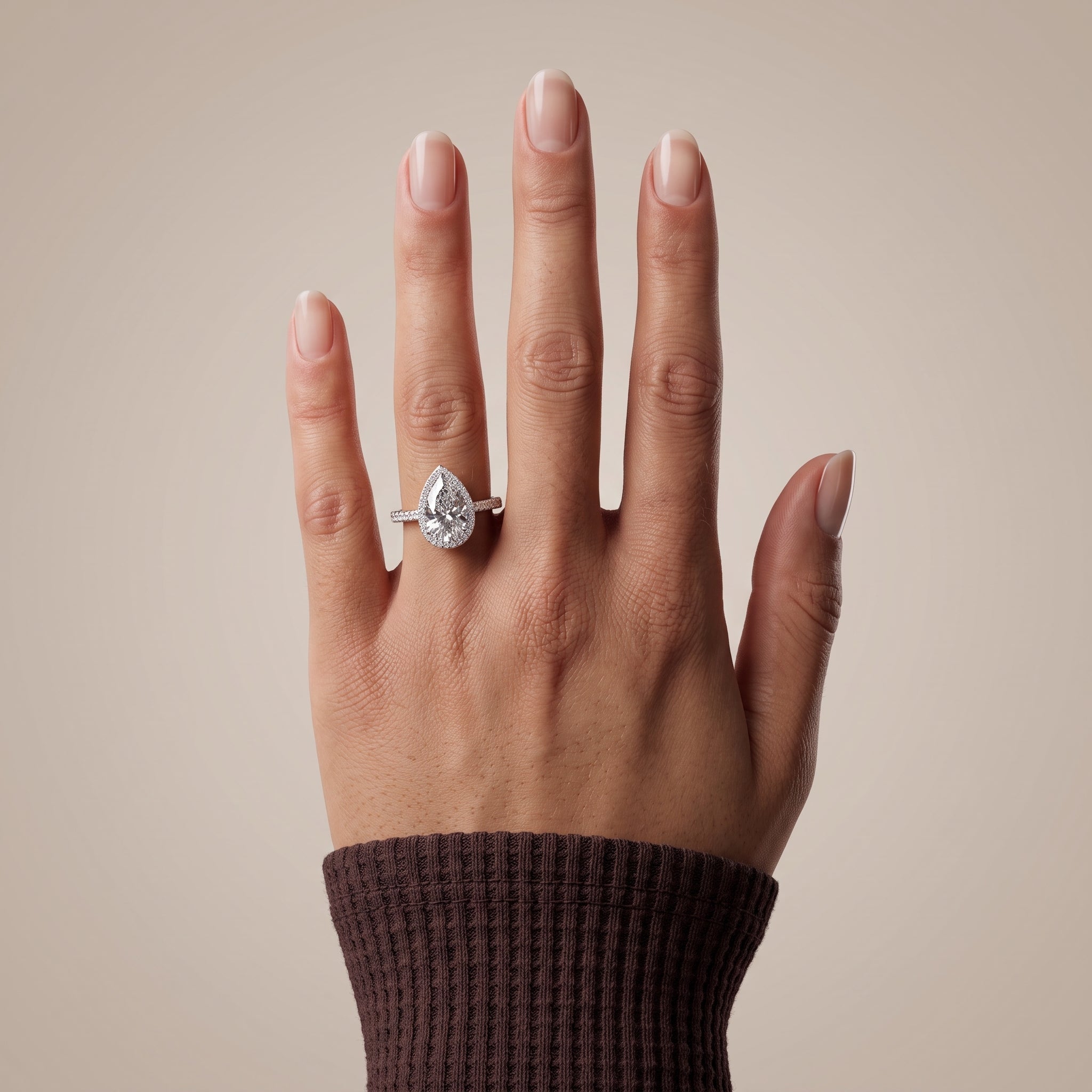 White Gold Tone Pear Moissanite Halo Engagement Ring