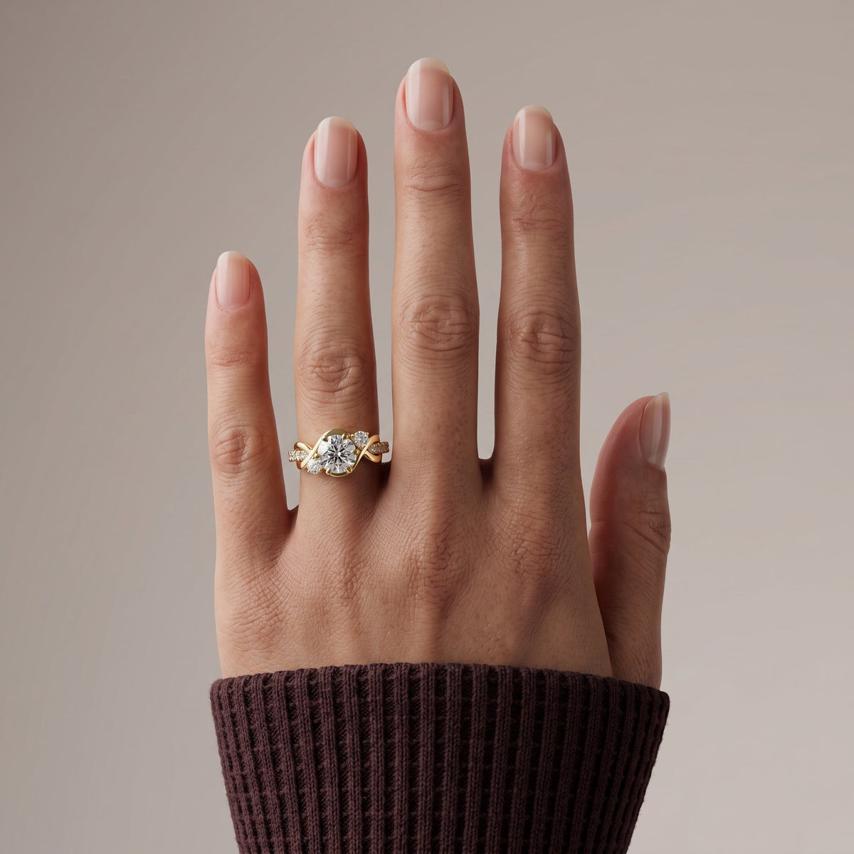 Yellow Gold Round Moissanite Twisted Three Stone Engagement Ring