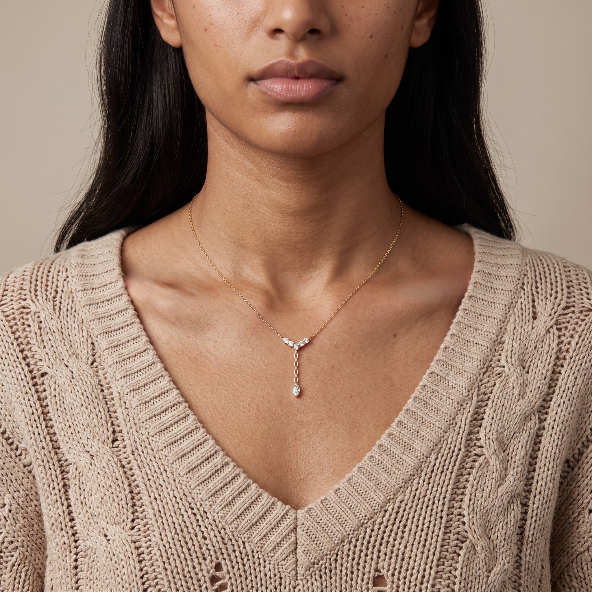 Yellow Gold Marquise Moissanite Lariat Necklace with Round Accents