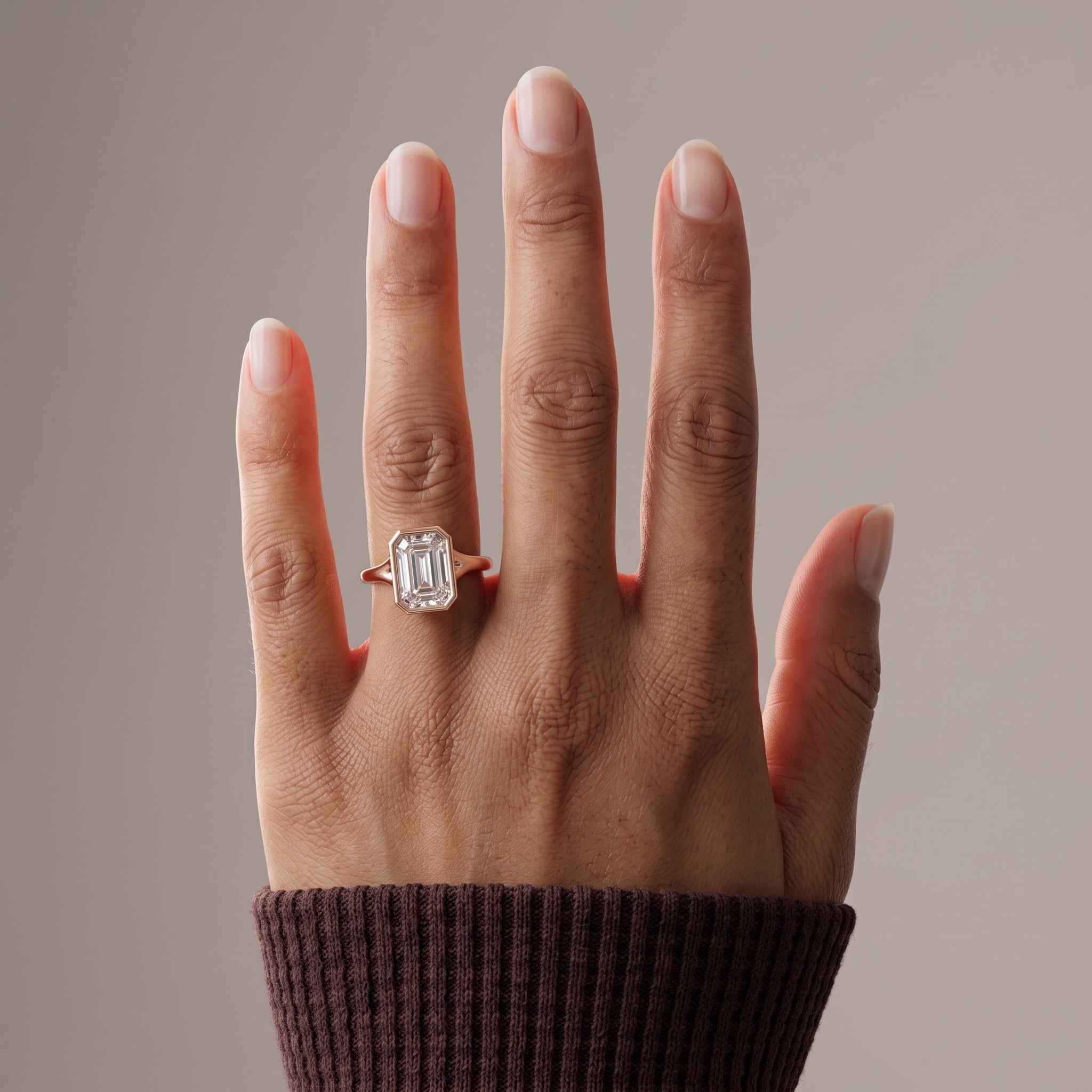 Rose Gold Emerald Cut Moissanite Bezel Engagement Ring