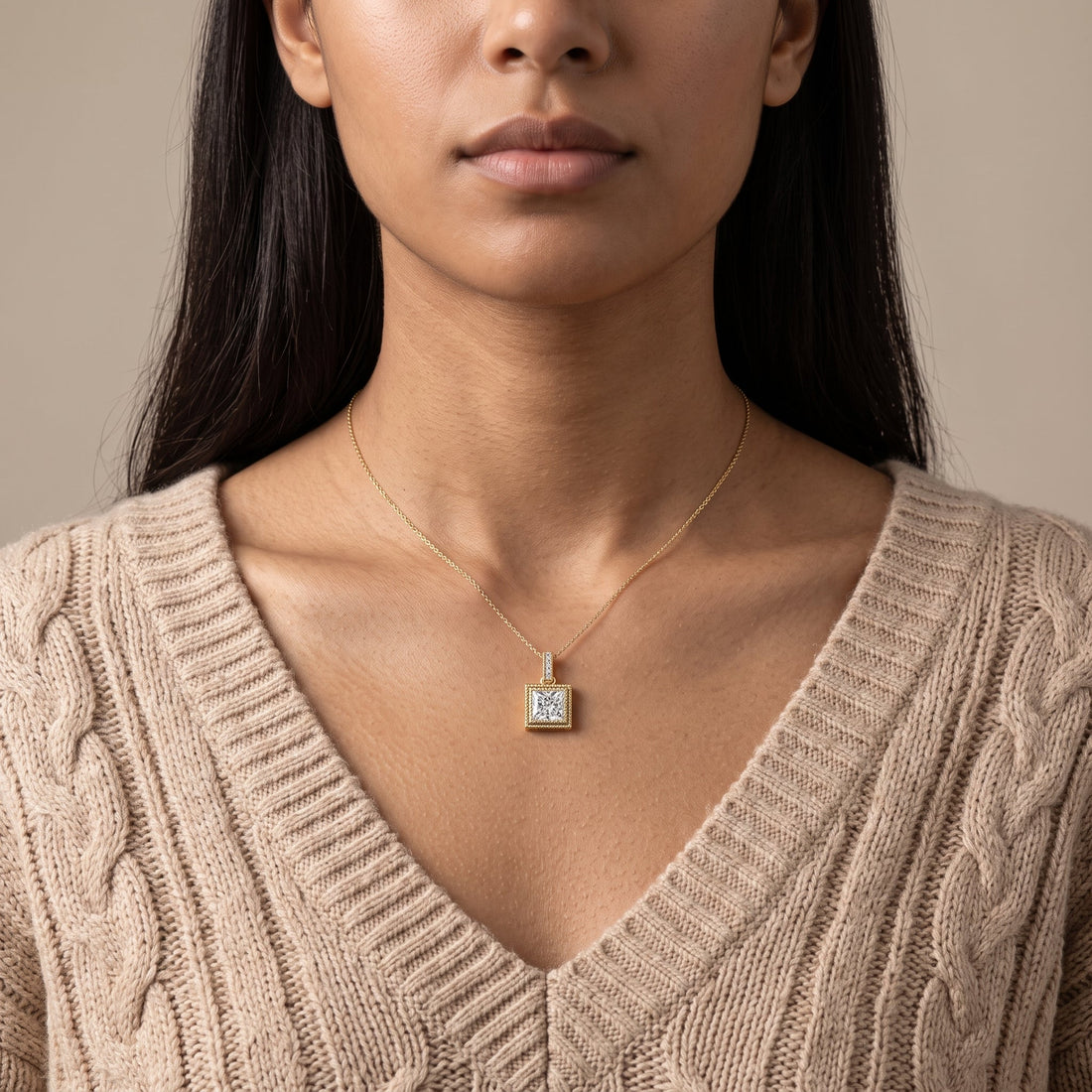 Yellow Gold Princess Cut Square Pendant Necklace
