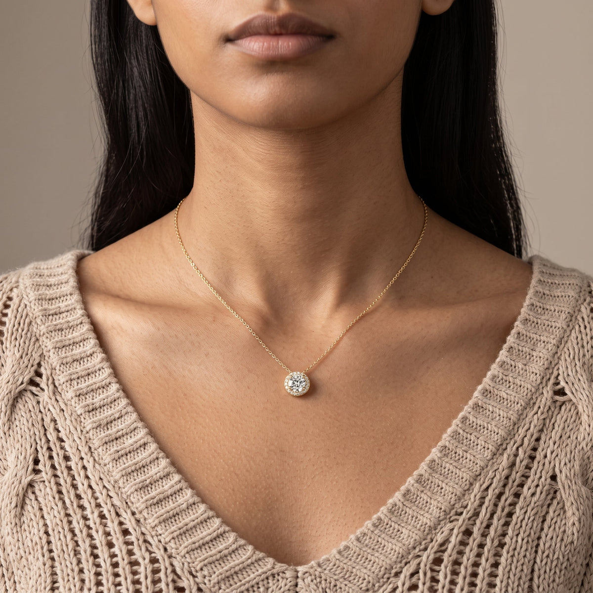Yellow Gold Round Moissanite Halo Pendant Necklace