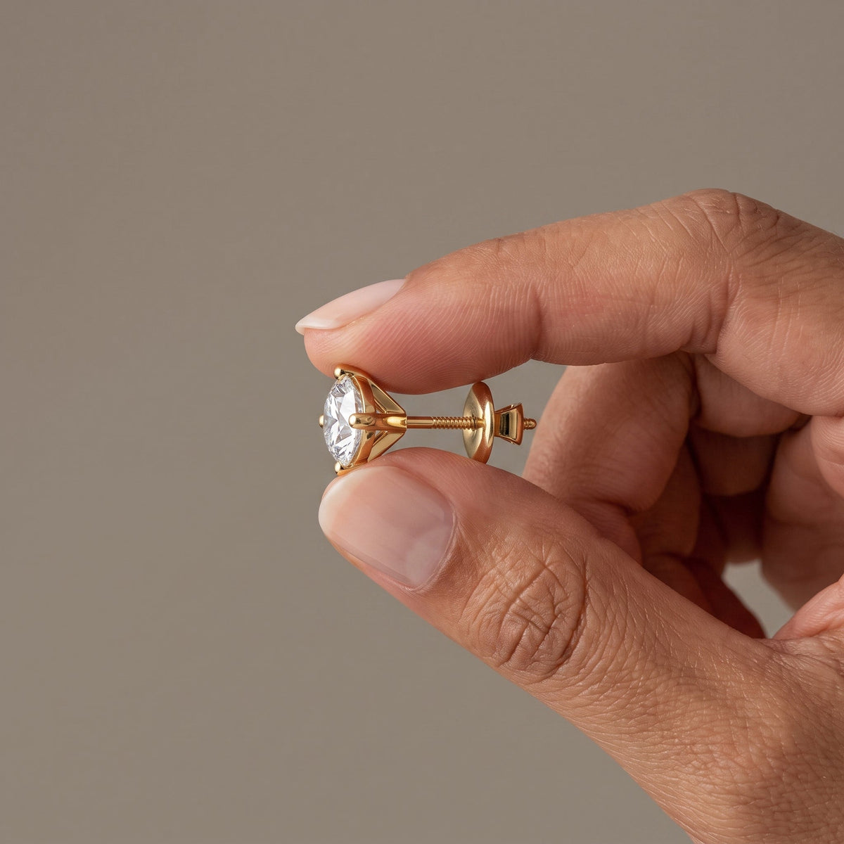 Yellow Gold Round Moissanite Stud Earrings with Screw Back