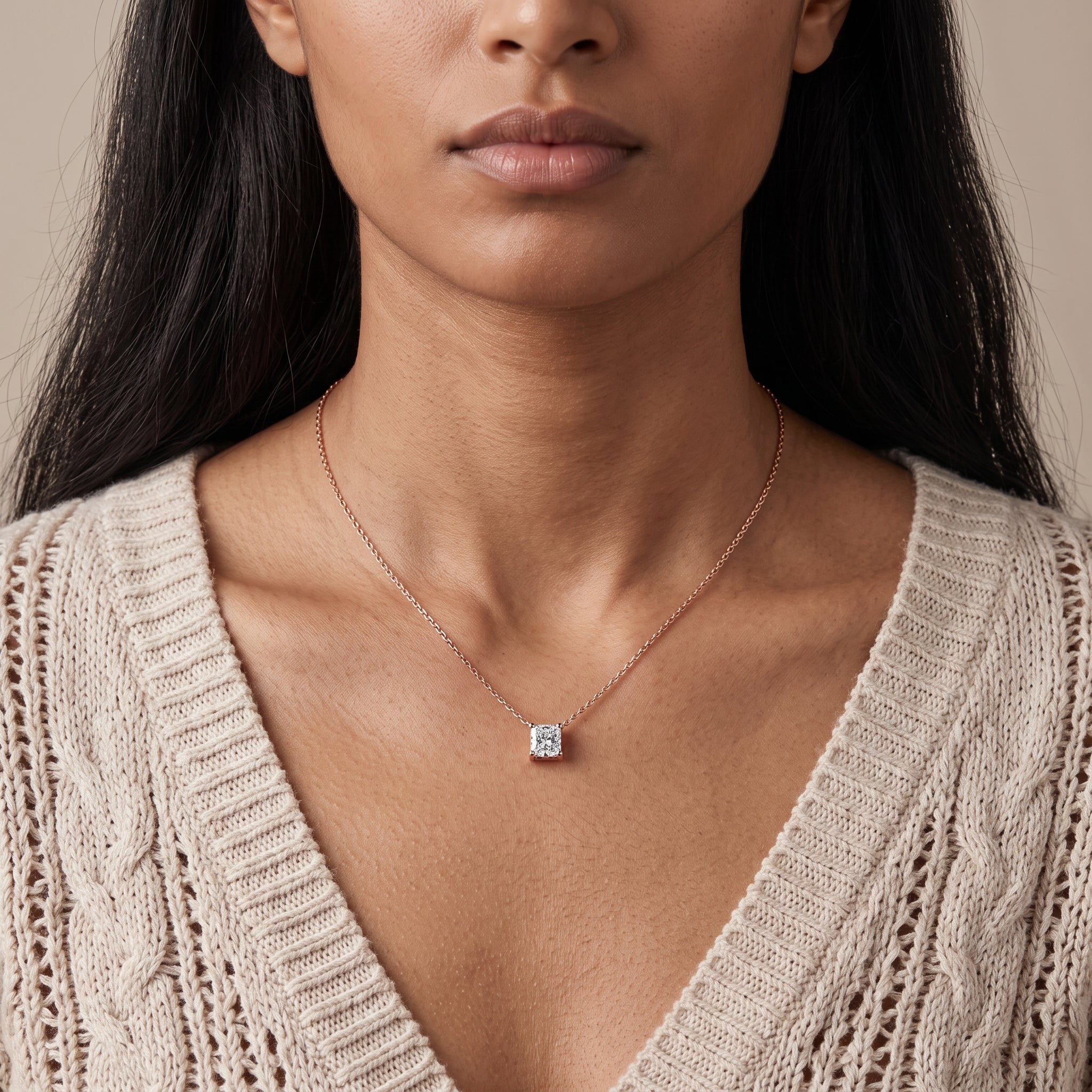 Rose Gold Princess Cut Moissanite Pendant Necklace
