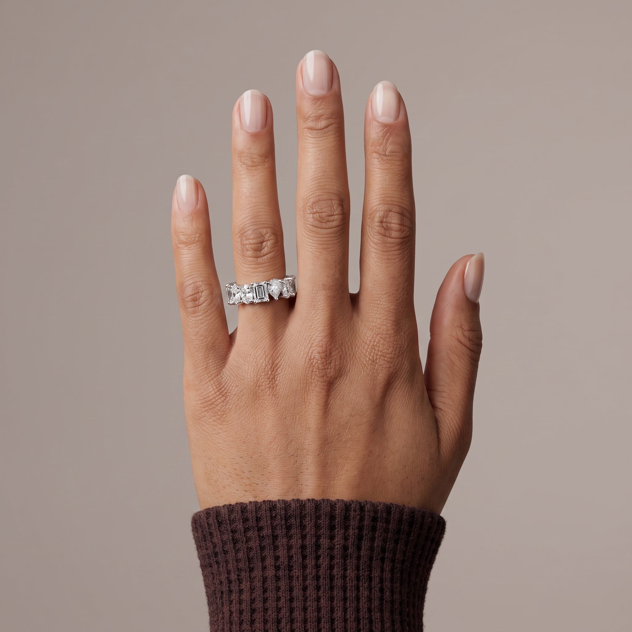 White Metal Emerald, Pear & Oval Cut Moissanite Eternity Band Ring