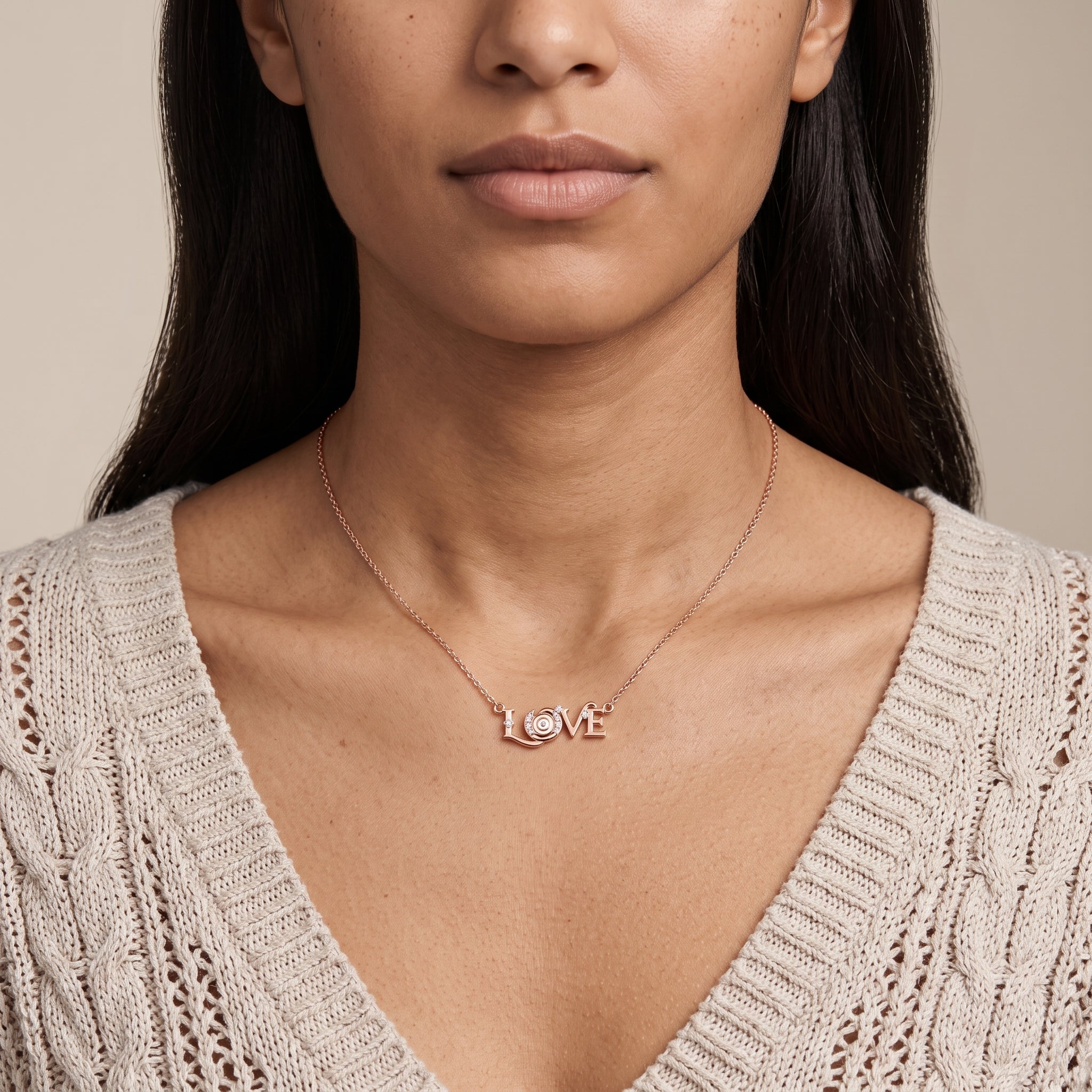 Rose Gold Round Moissanite LOVE Pendant Necklace