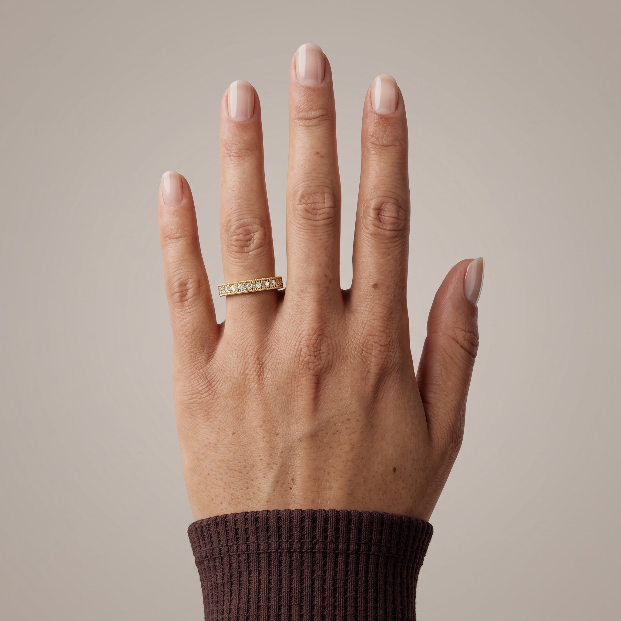 Yellow Gold Round Moissanite Milgrain Band Ring