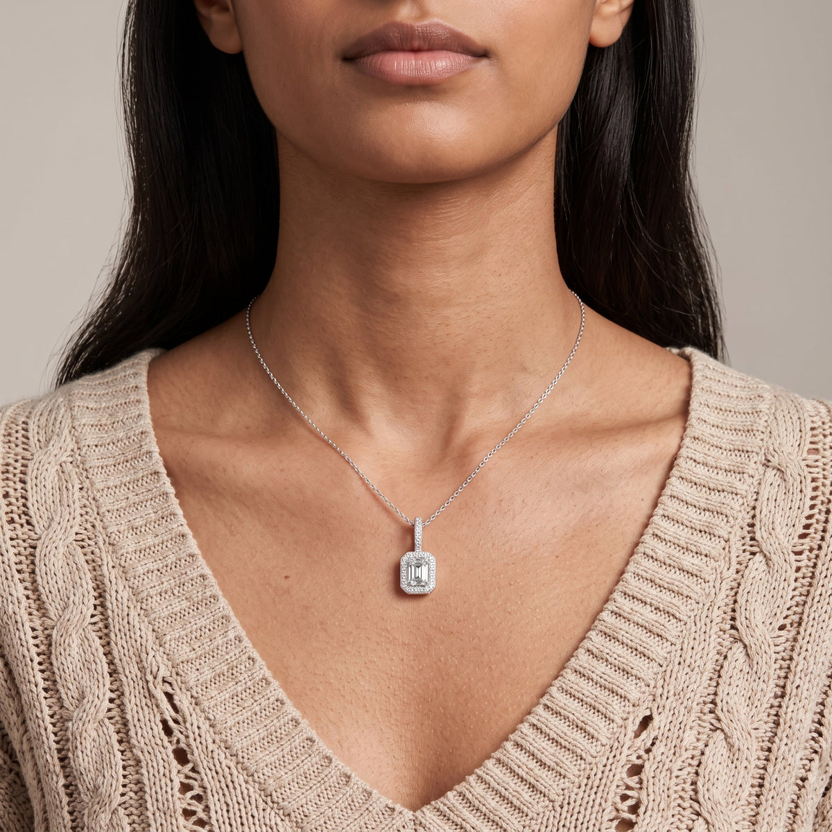 White Gold Emerald Cut Moissanite Halo Pendant Necklace