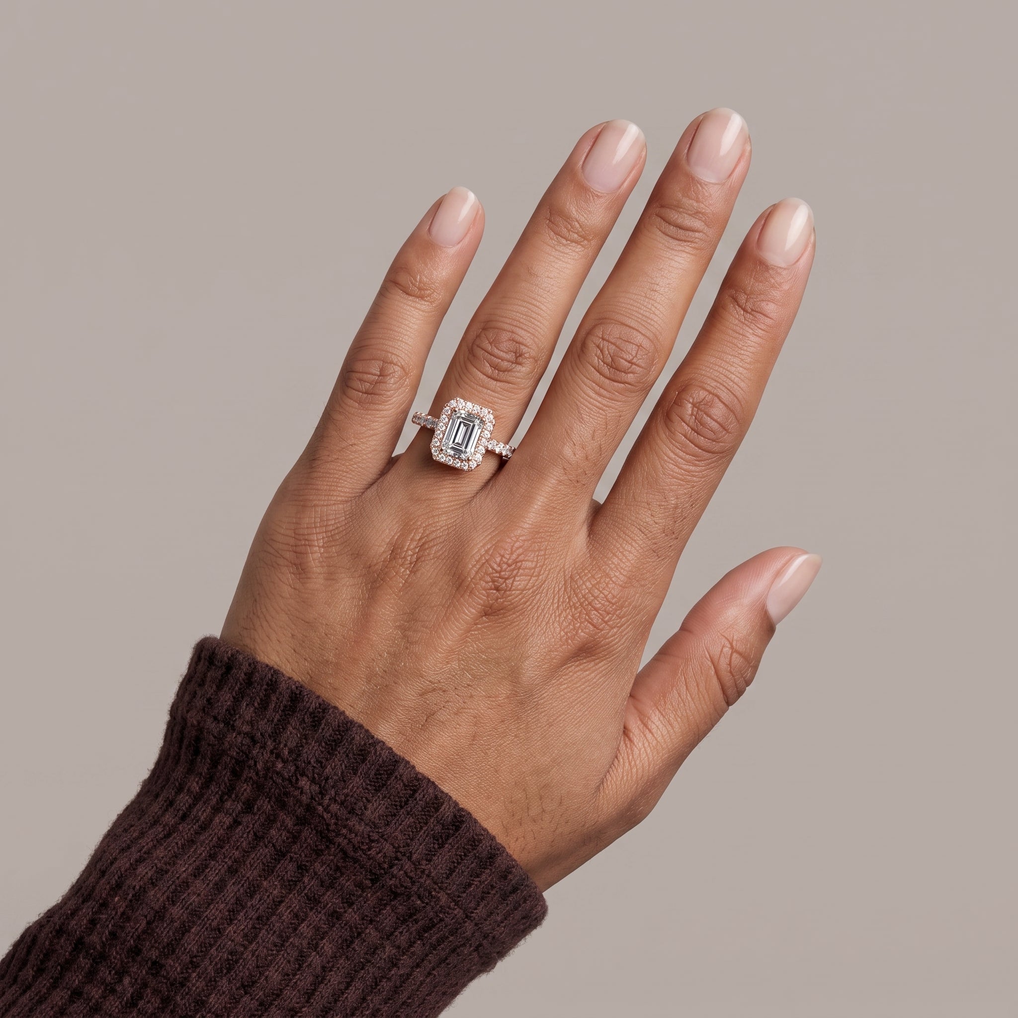 Rose Gold Emerald Cut Moissanite Halo Engagement Ring