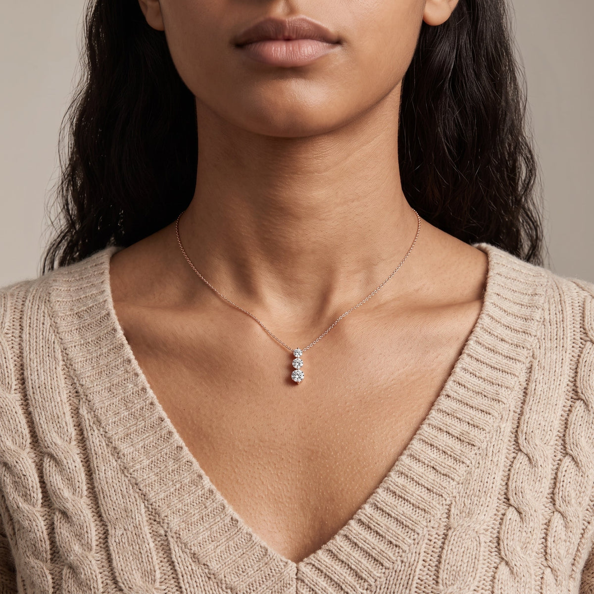 Rose Gold Round Moissanite Three Stone Drop Pendant Necklace