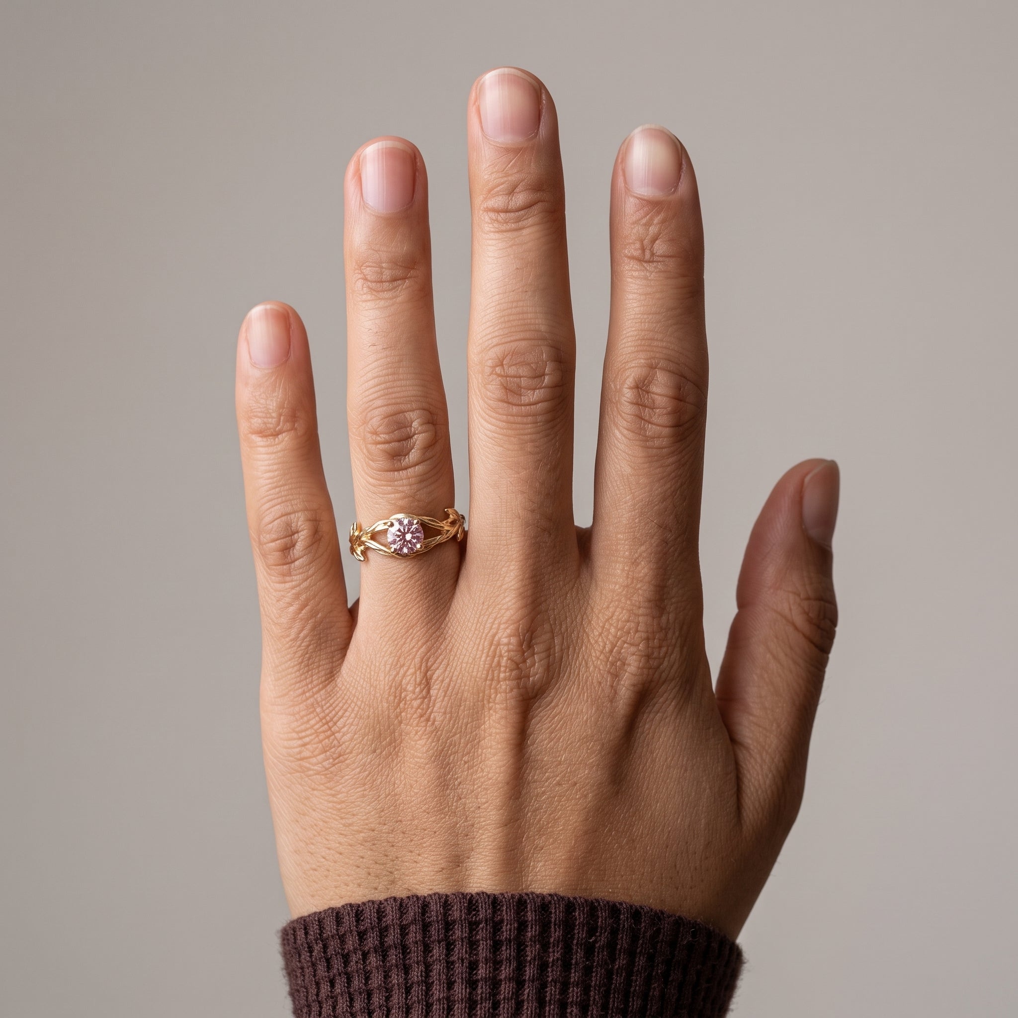 Yellow Gold Round Cut Moissanite Leaf Vine Ring