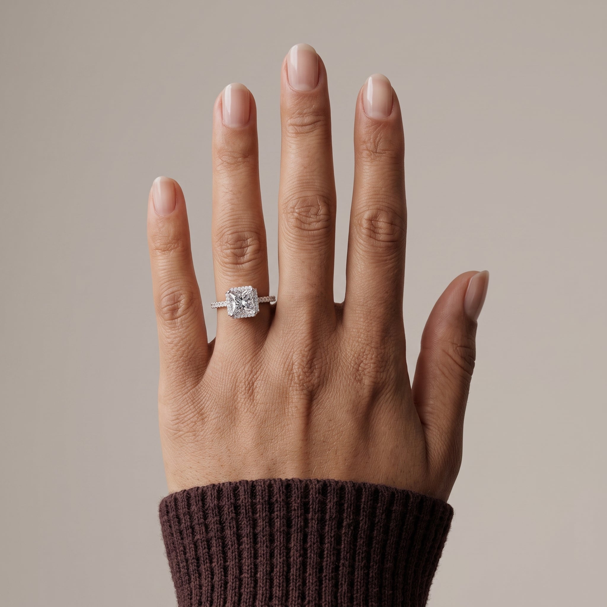 White Metal Princess Cut Moissanite Halo Engagement Ring