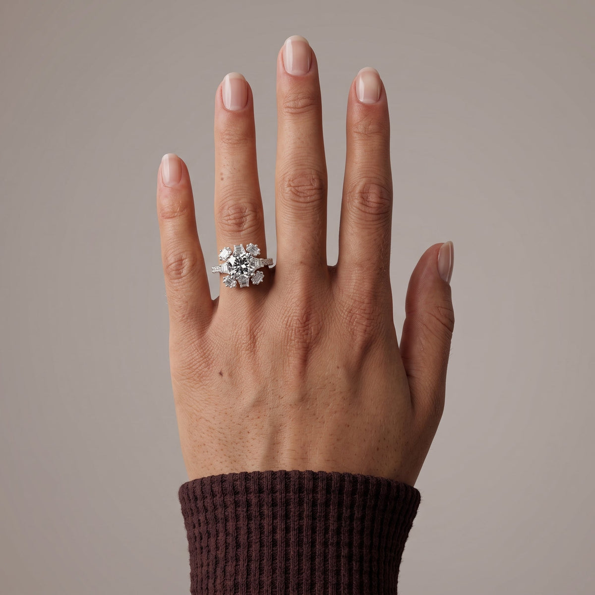 White Gold Cushion Moissanite Floral Halo Engagement Ring