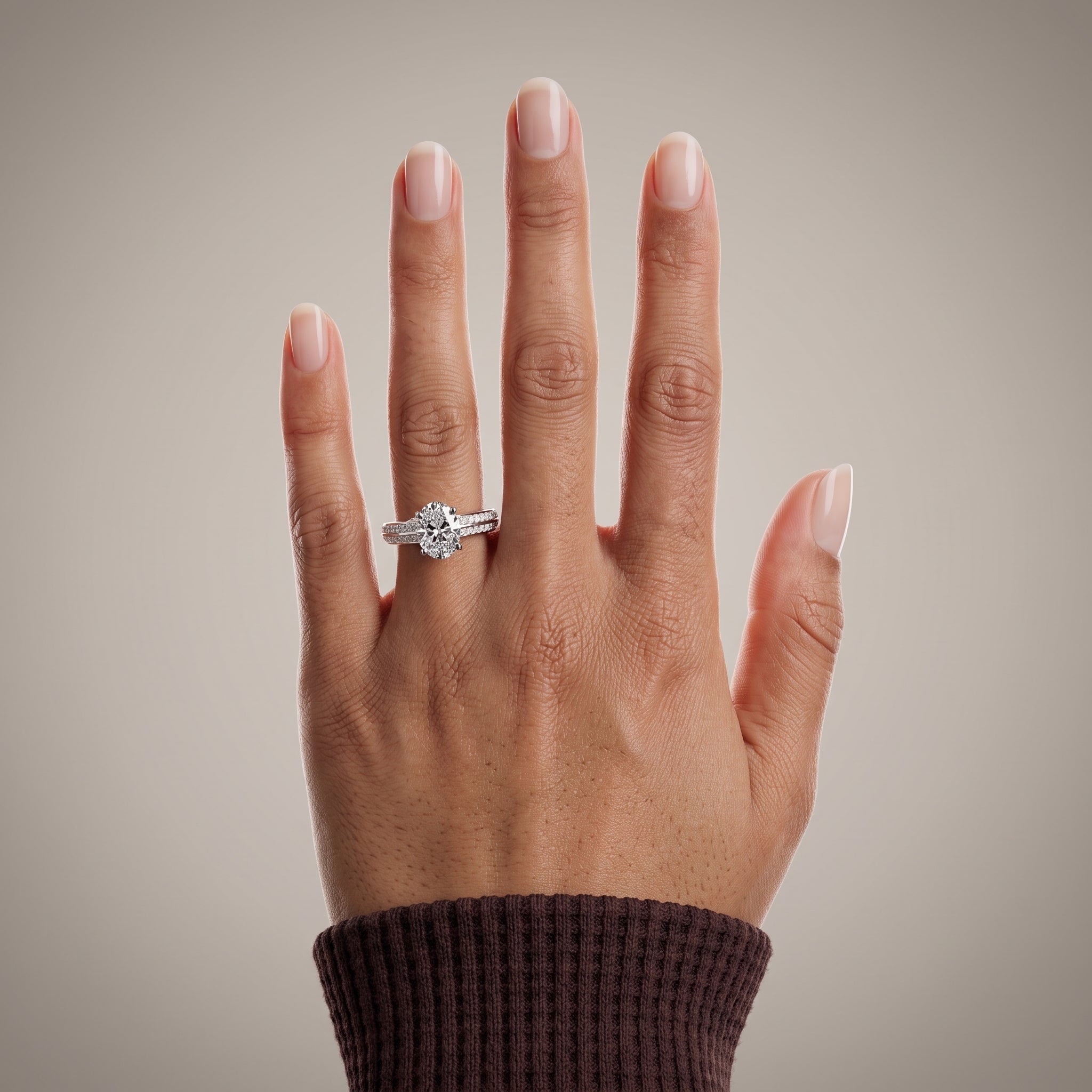 White Gold Oval Cut Moissanite Engagement Ring with Pavé Band