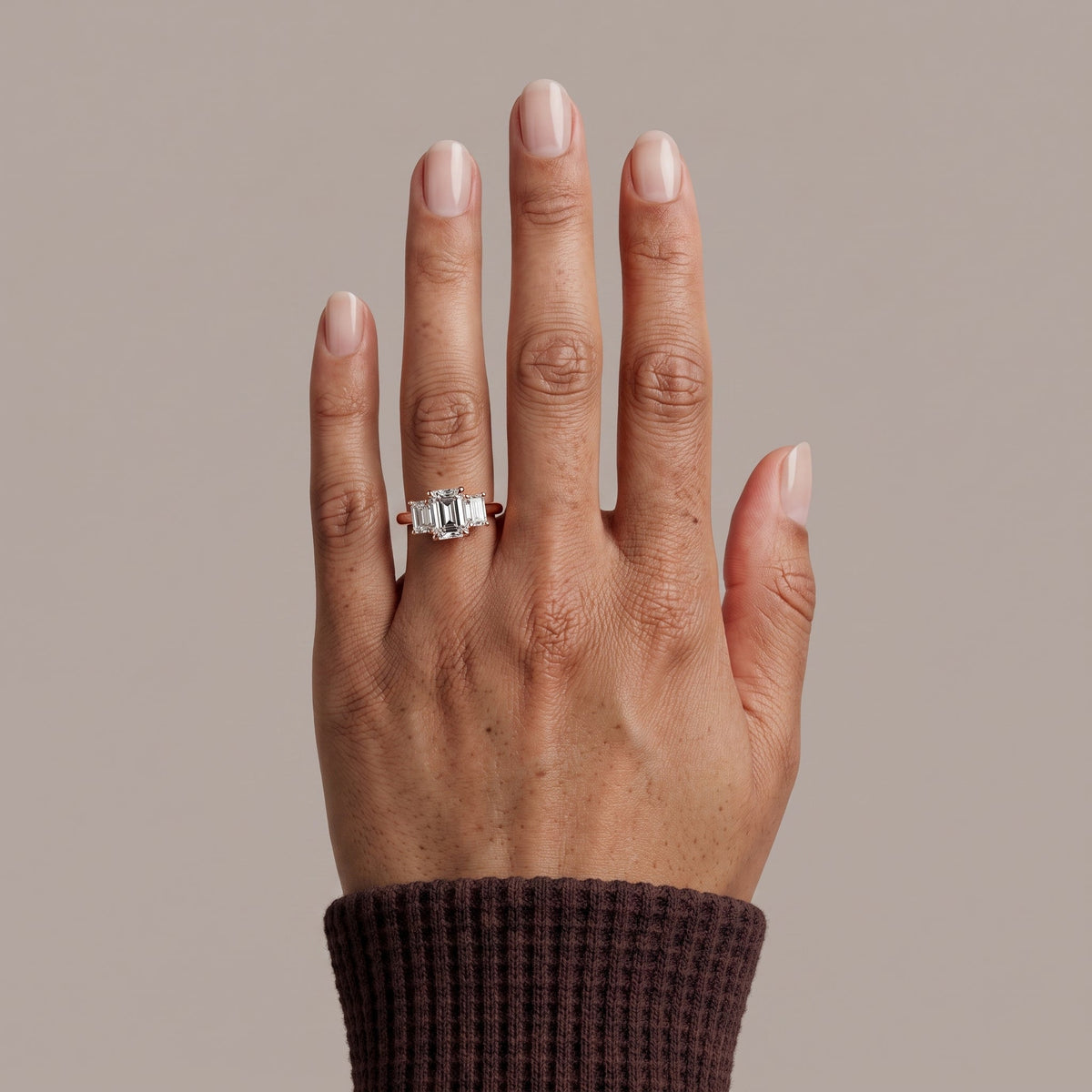 Rose Gold Emerald Cut Moissanite Three Stone Engagement Ring