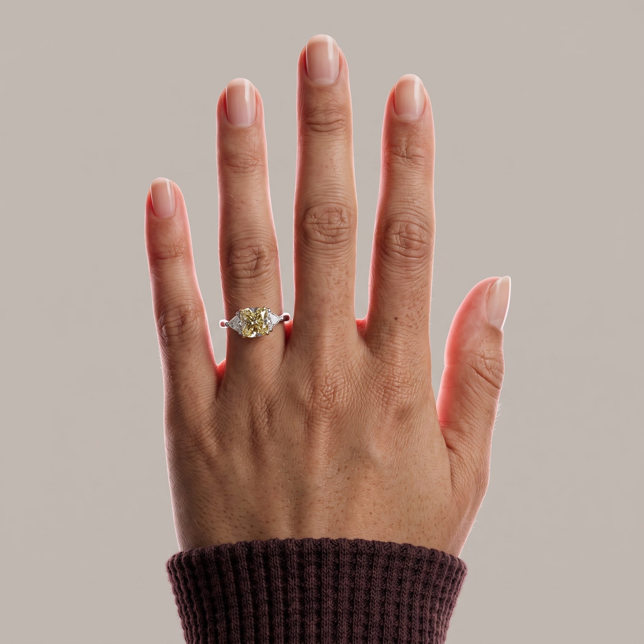 White Gold Cushion Cut Yellow Moissanite Three Stone Ring