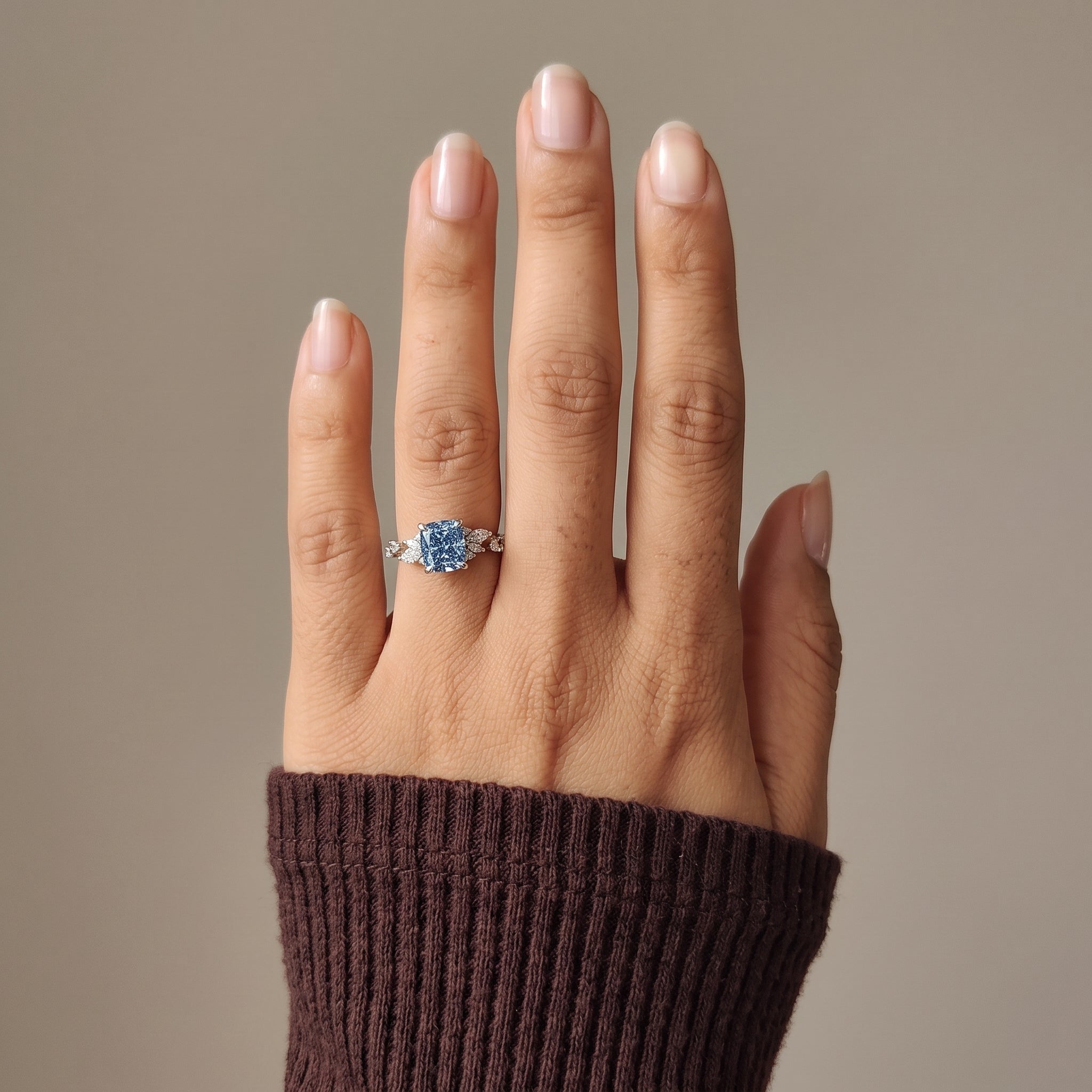 White Gold Cushion Cut Blue Moissanite Engagement Ring