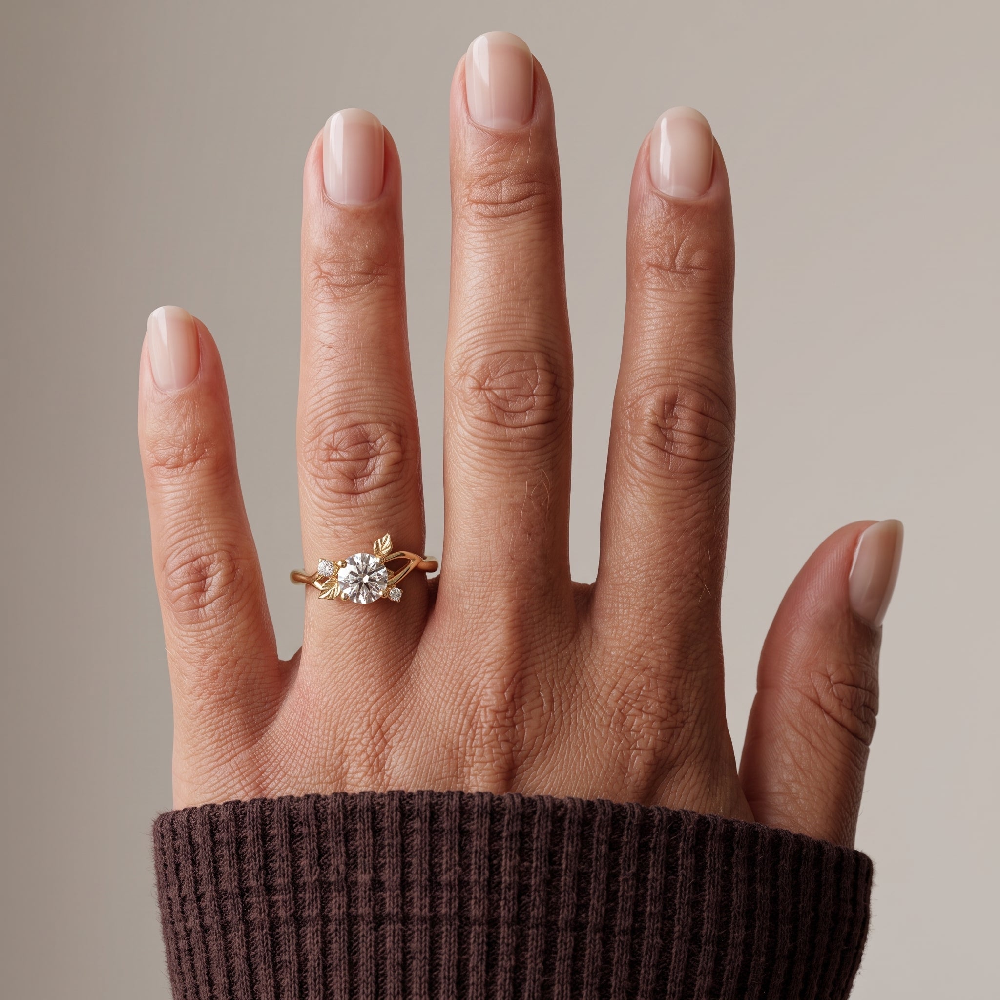 Yellow Gold Round Moissanite Leaf Engagement Ring