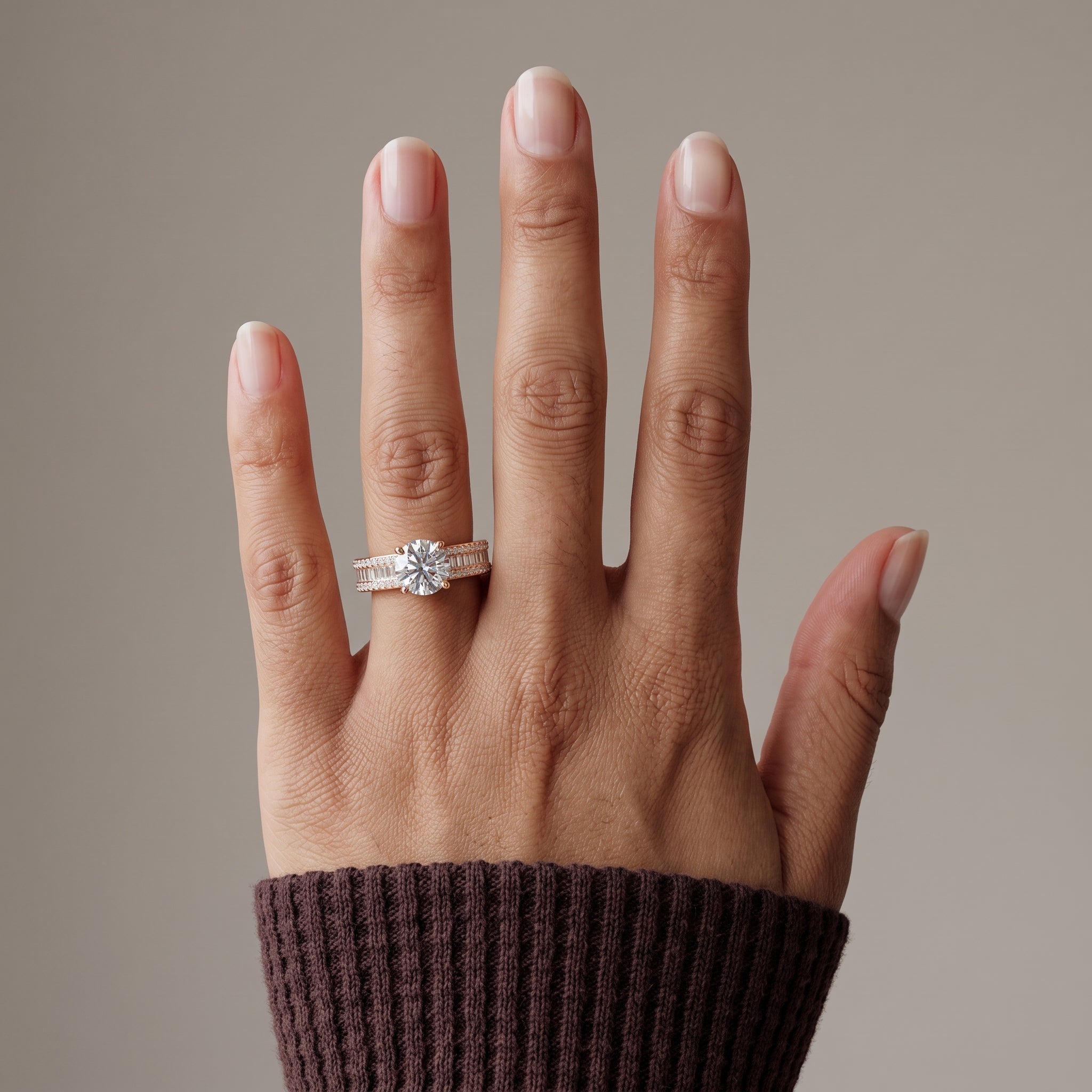 Rose Gold Round Moissanite Engagement Ring with Baguette Accent Band