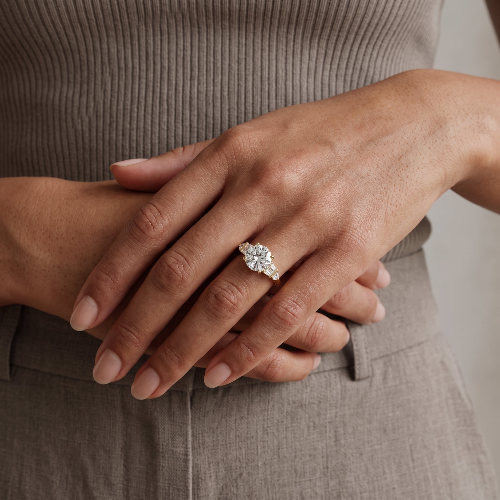 Yellow Gold Round Cut Moissanite Engagement Ring with Side Stones