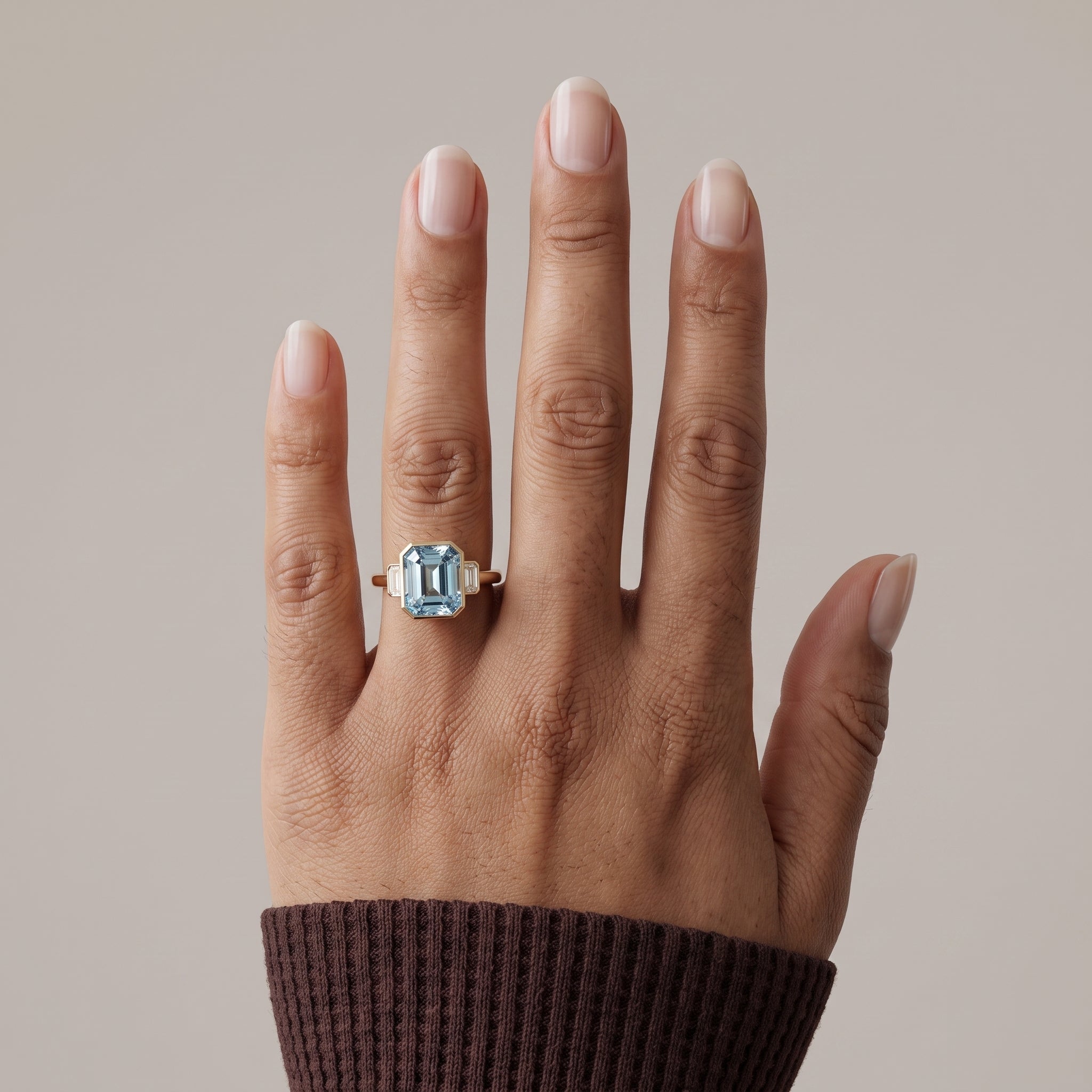 Yellow Gold Emerald Cut Blue Moissanite Three-Stone Ring