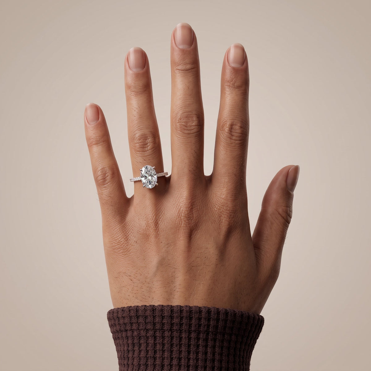 White Gold Oval Cut Moissanite Engagement Ring with Pavé Band