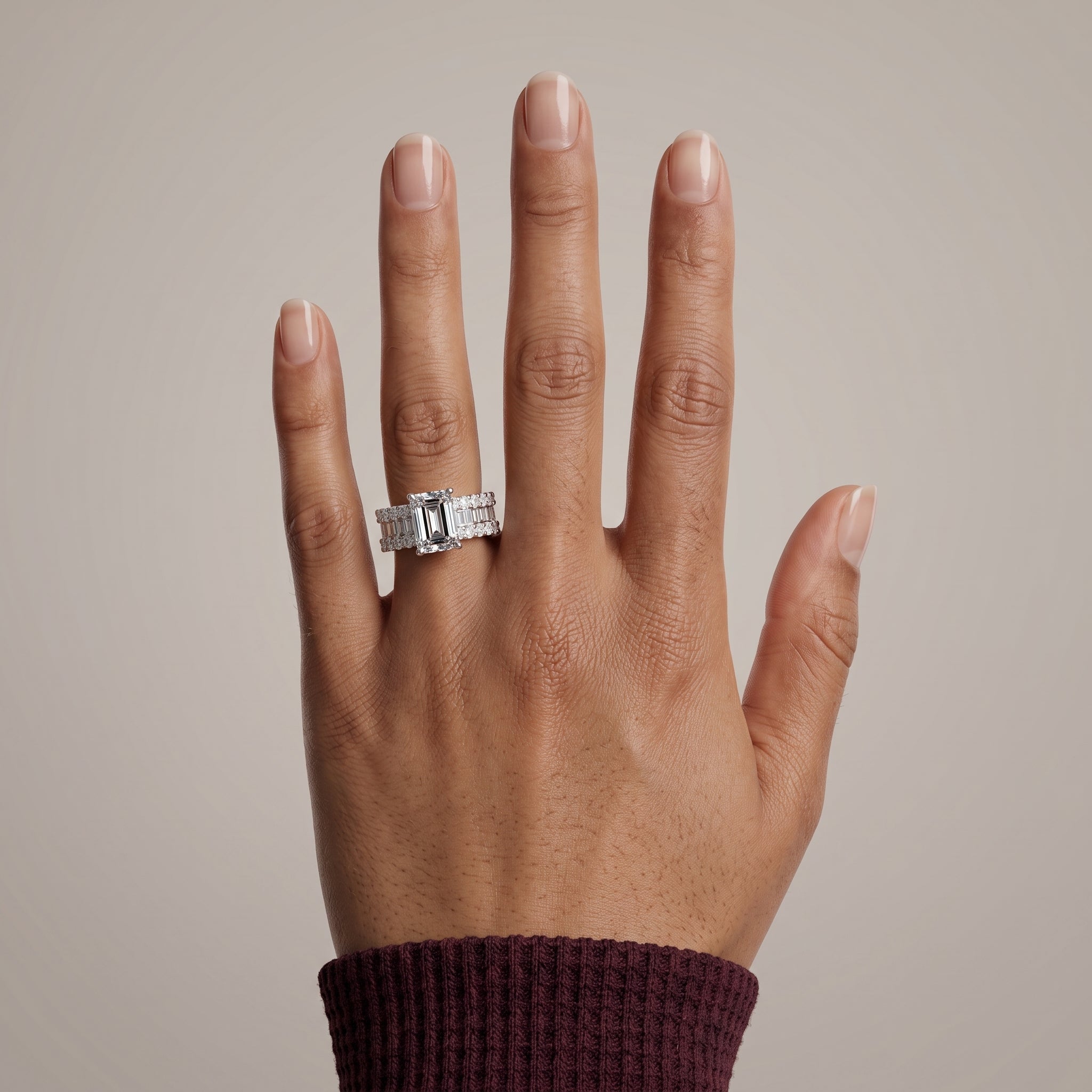 White Gold Emerald Cut Moissanite Engagement Ring Set