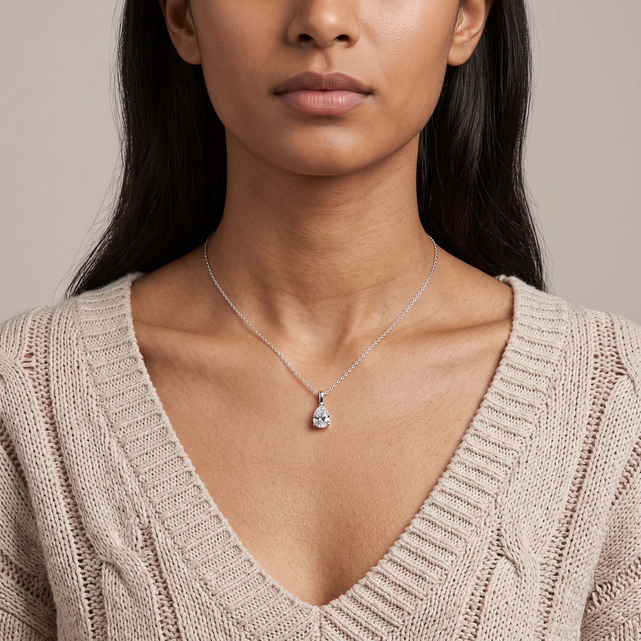 White Metal Pear Cut Moissanite Pendant Necklace