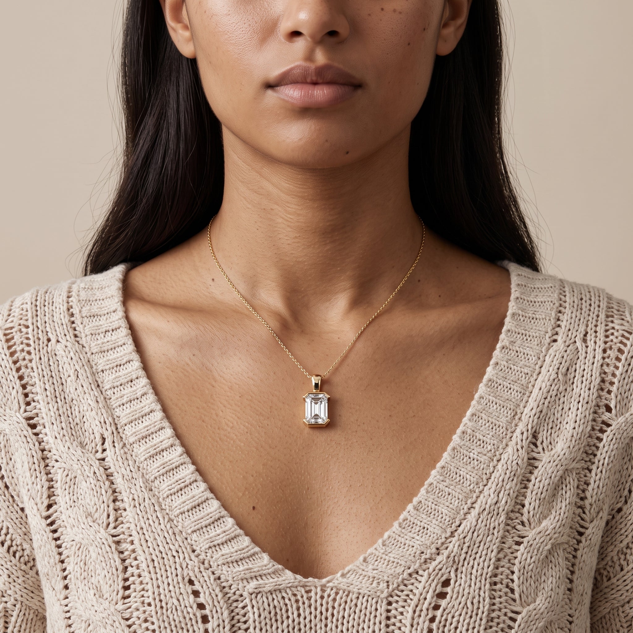 Yellow Gold Emerald Cut Moissanite Pendant Necklace