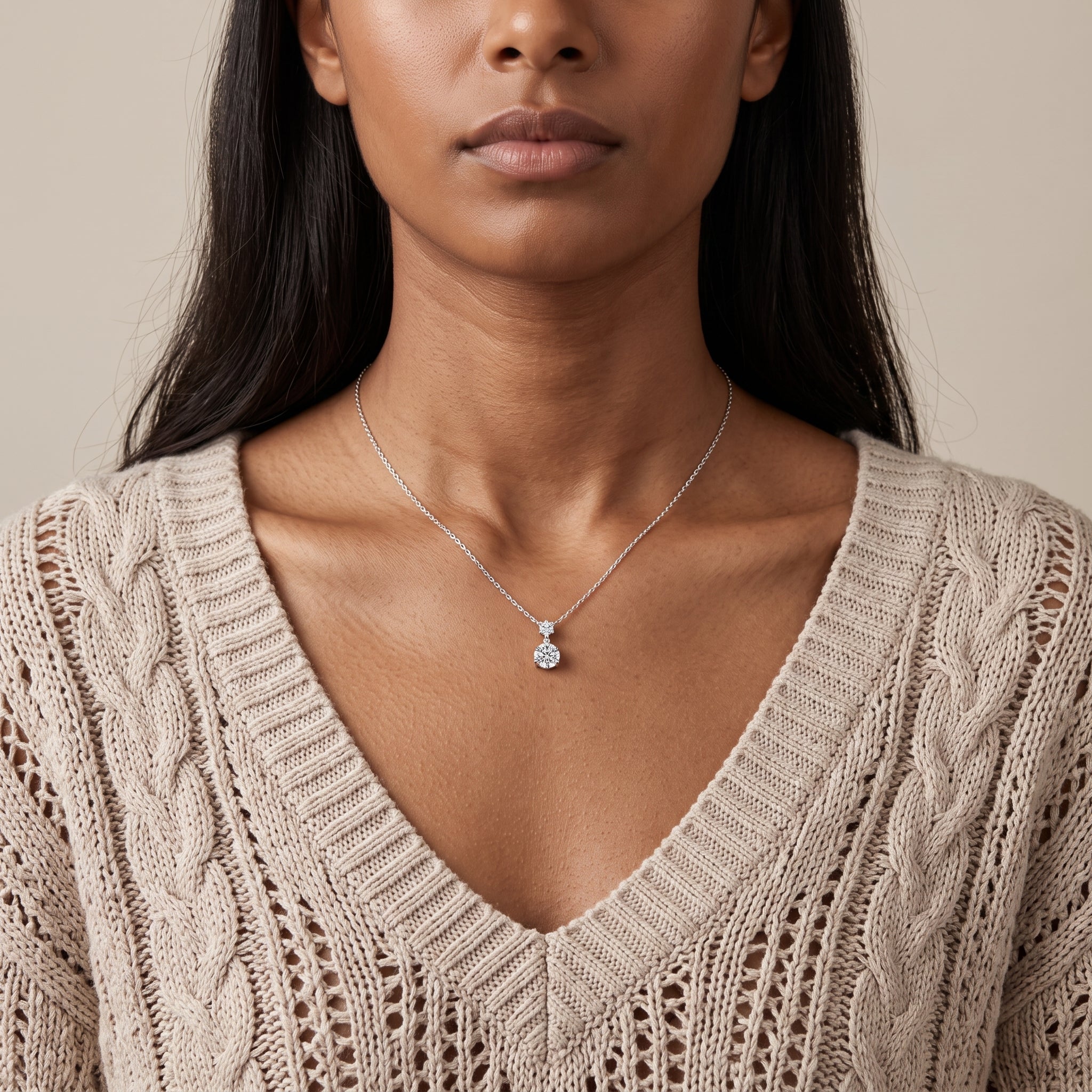 White Metal Round Moissanite Drop Pendant Necklace