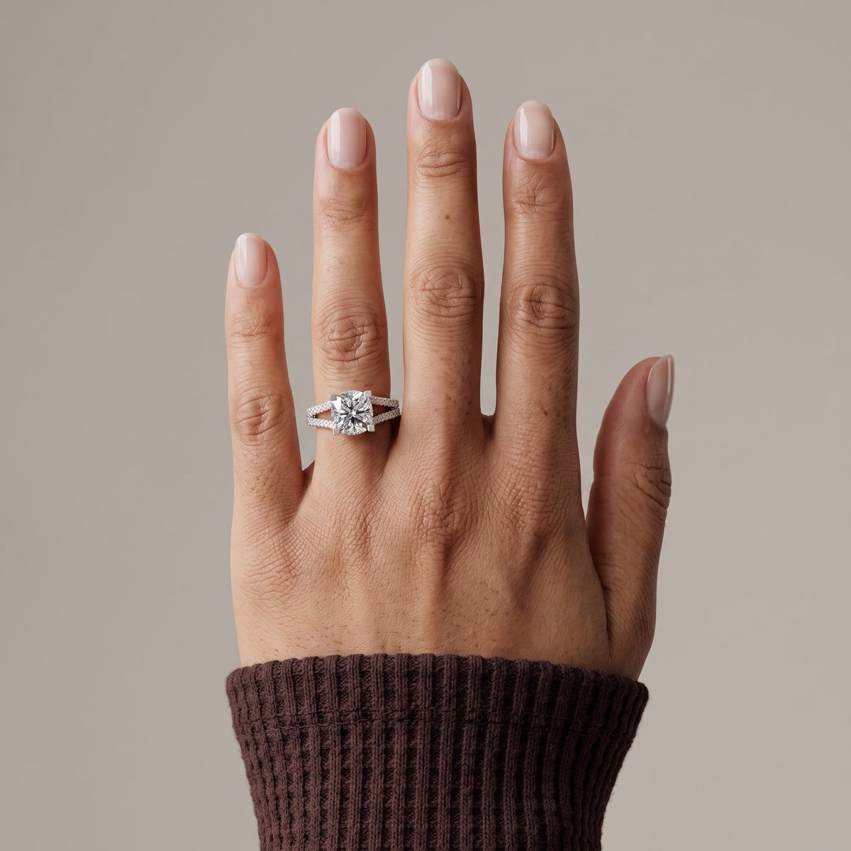 White Gold Cushion Cut Moissanite Split Shank Engagement Ring