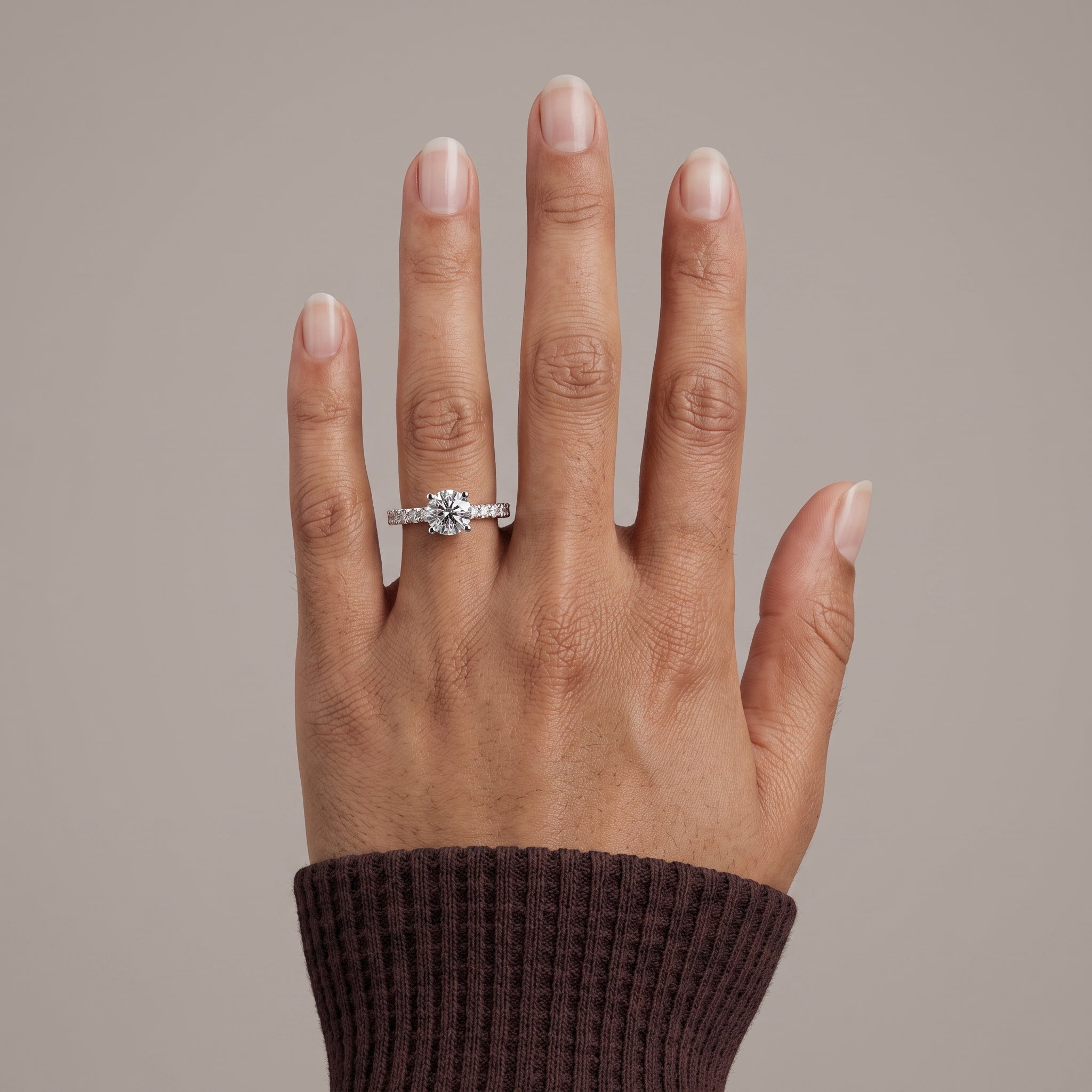 White Round Moissanite Engagement Ring with Accent Band