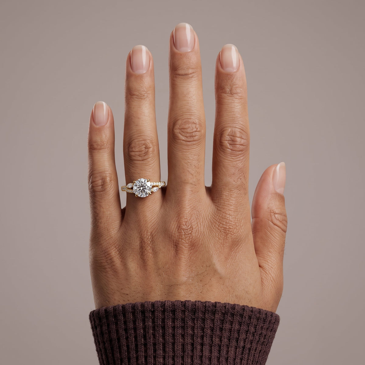 Yellow Gold Round Moissanite Engagement Ring with Leaf Accents