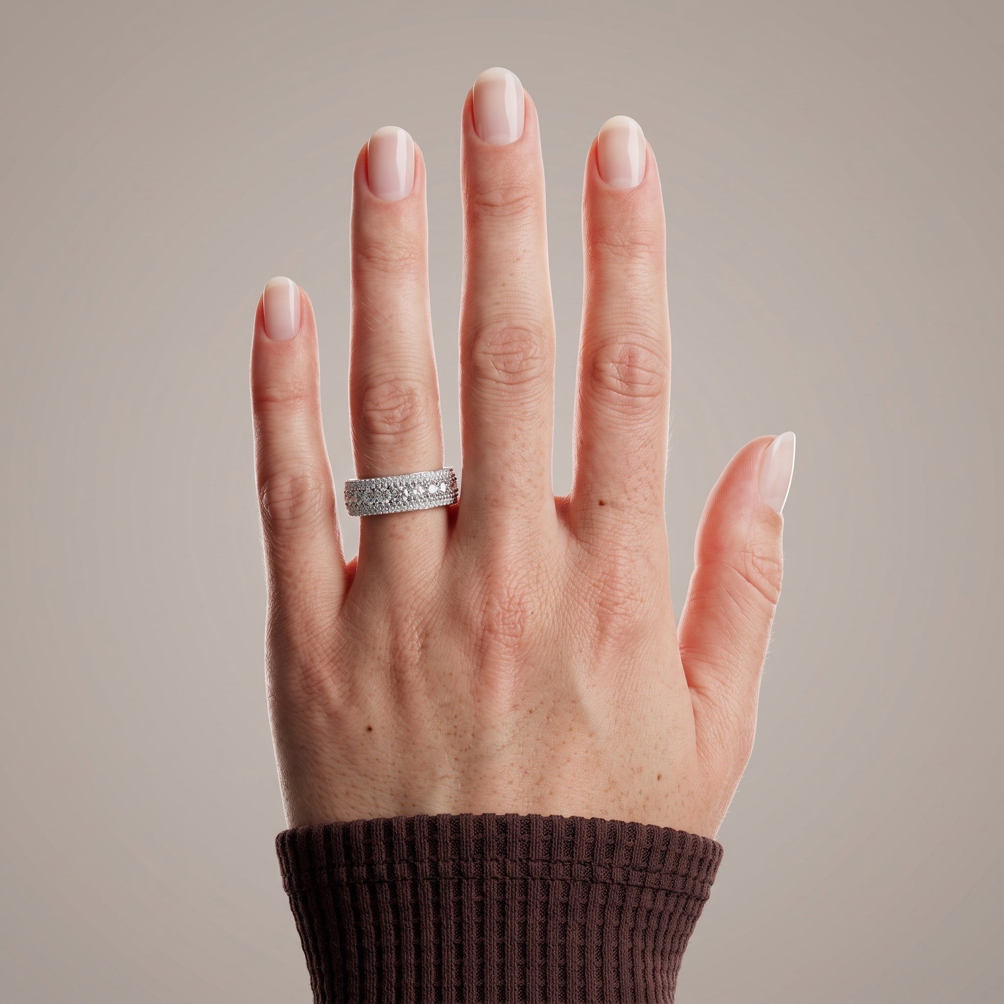 White Metal Round Moissanite Wide Band Ring